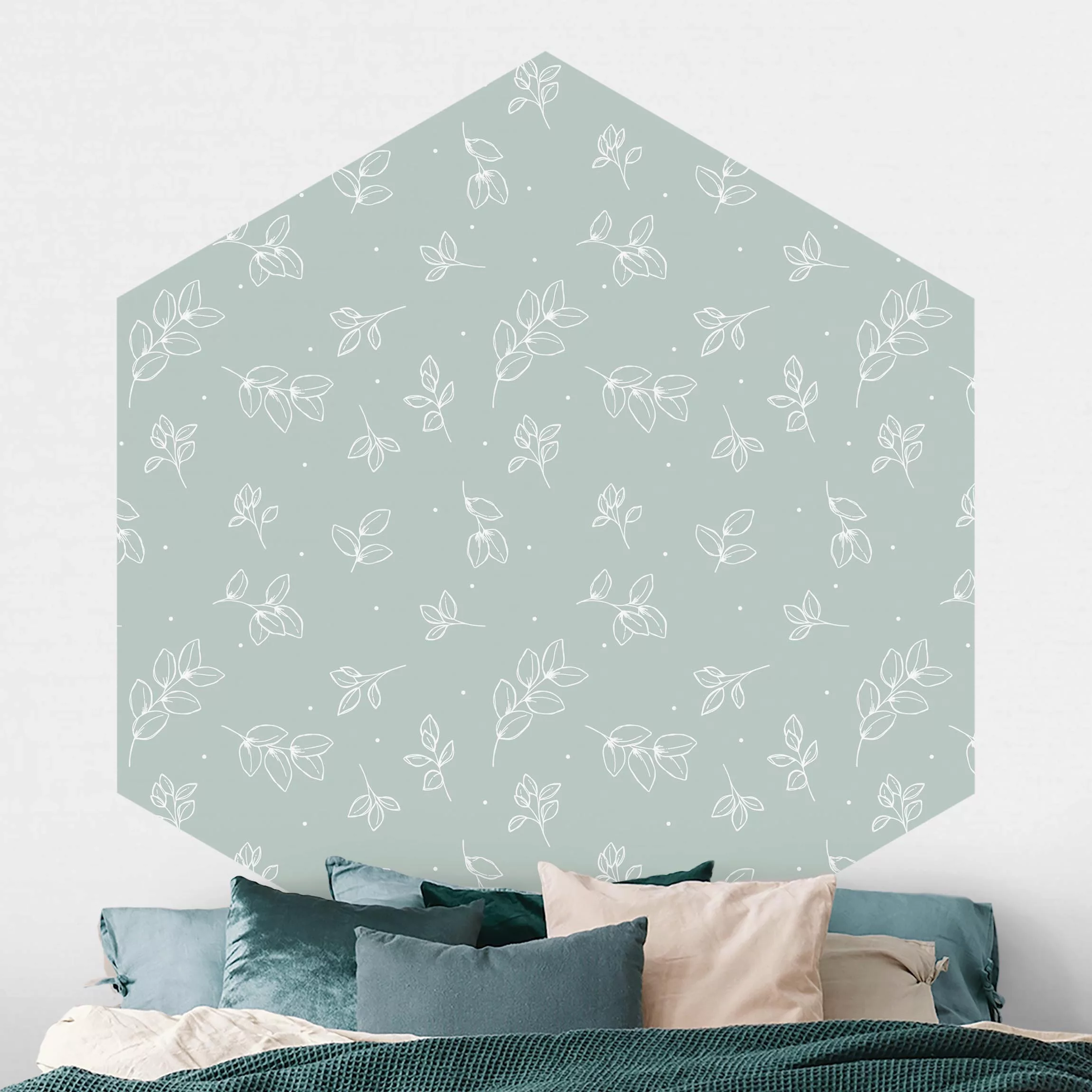 Hexagon Mustertapete selbstklebend Illustrierte Blätter Muster Pastell Grün günstig online kaufen
