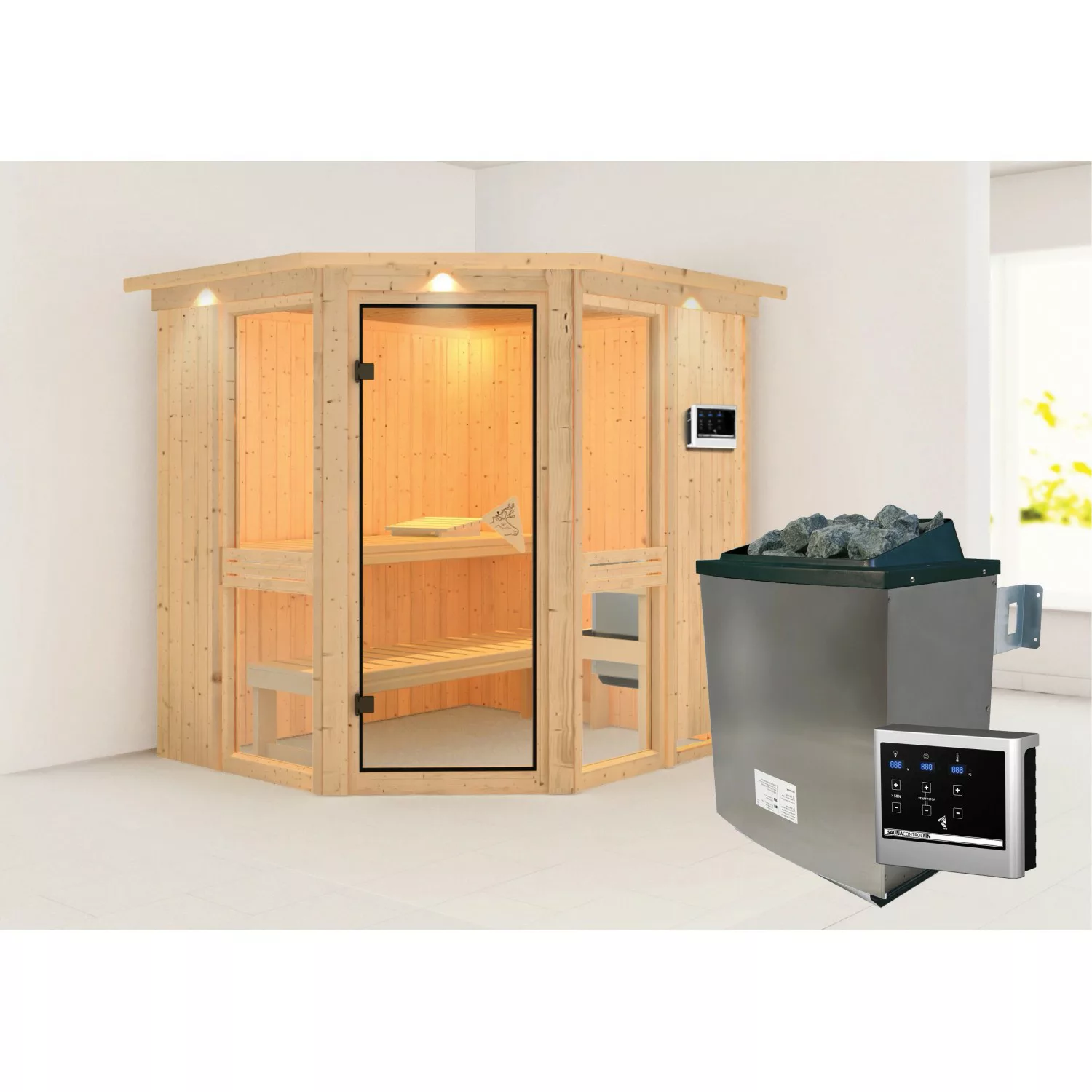 Karibu Sauna Anina 1 mit Ofen externe Stg.LED-Dachkranz Natur günstig online kaufen