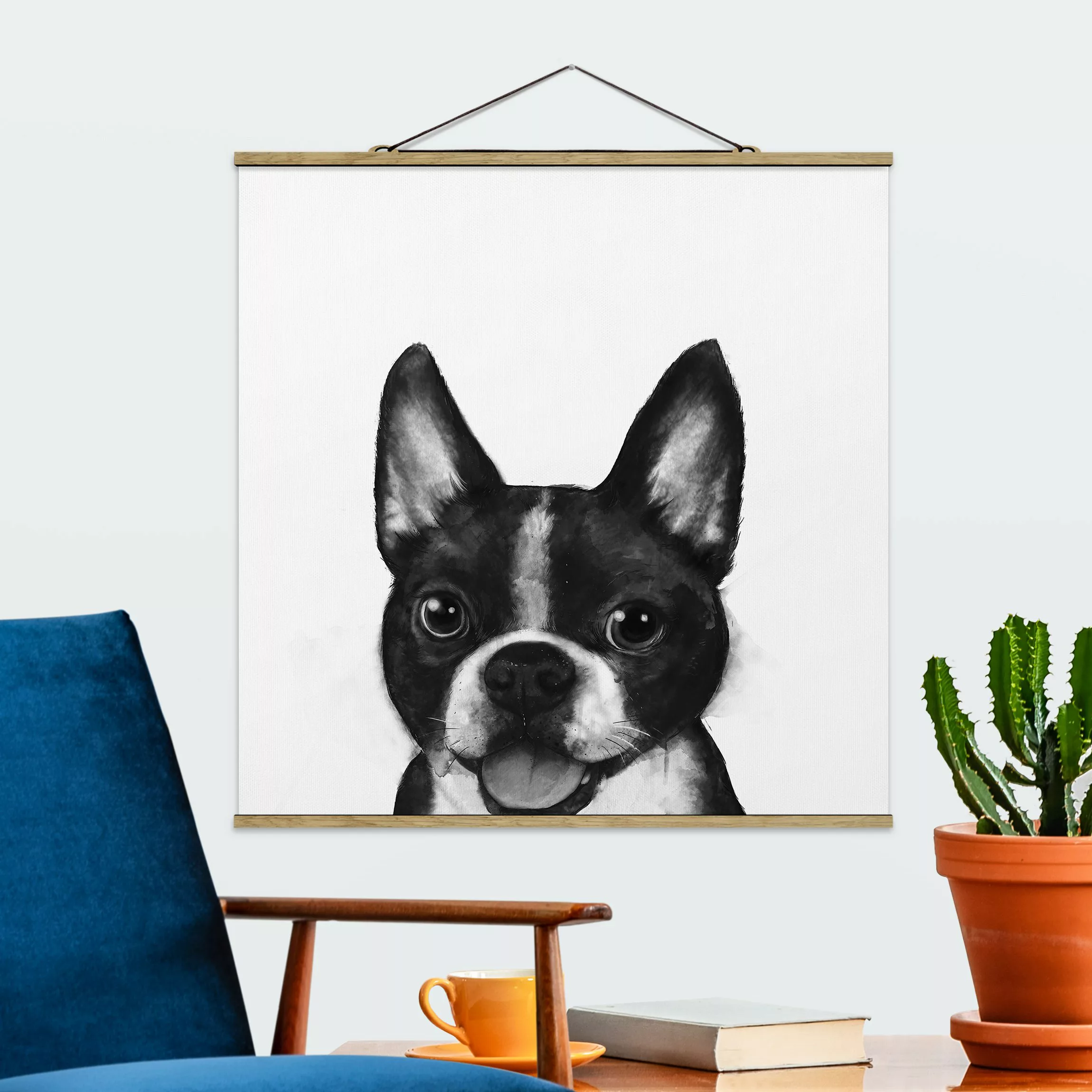 Stoffbild Tiere mit Posterleisten - Quadrat Illustration Hund Boston Schwar günstig online kaufen