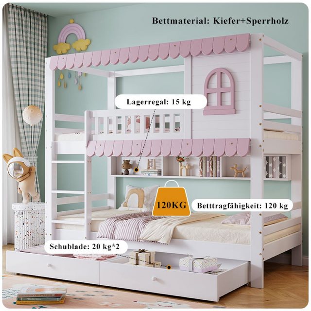 Flieks Etagenbett, Kinderbett 90x200cm mit offenen Regal und 2 Schubladen m günstig online kaufen