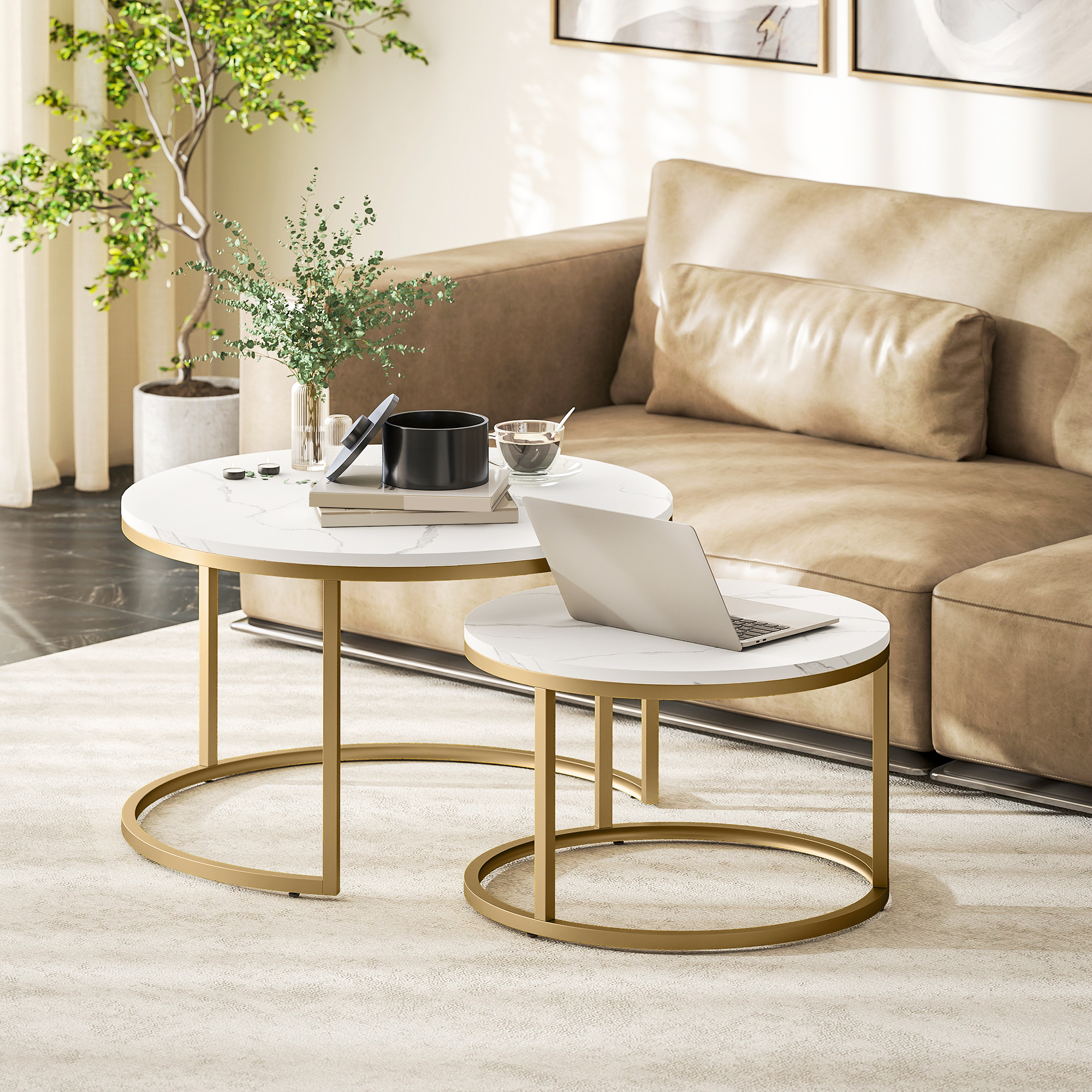 HOMCOM Set aus 2 stapelbaren Couchtischen, runder Couchtisch, stapelbar, In günstig online kaufen