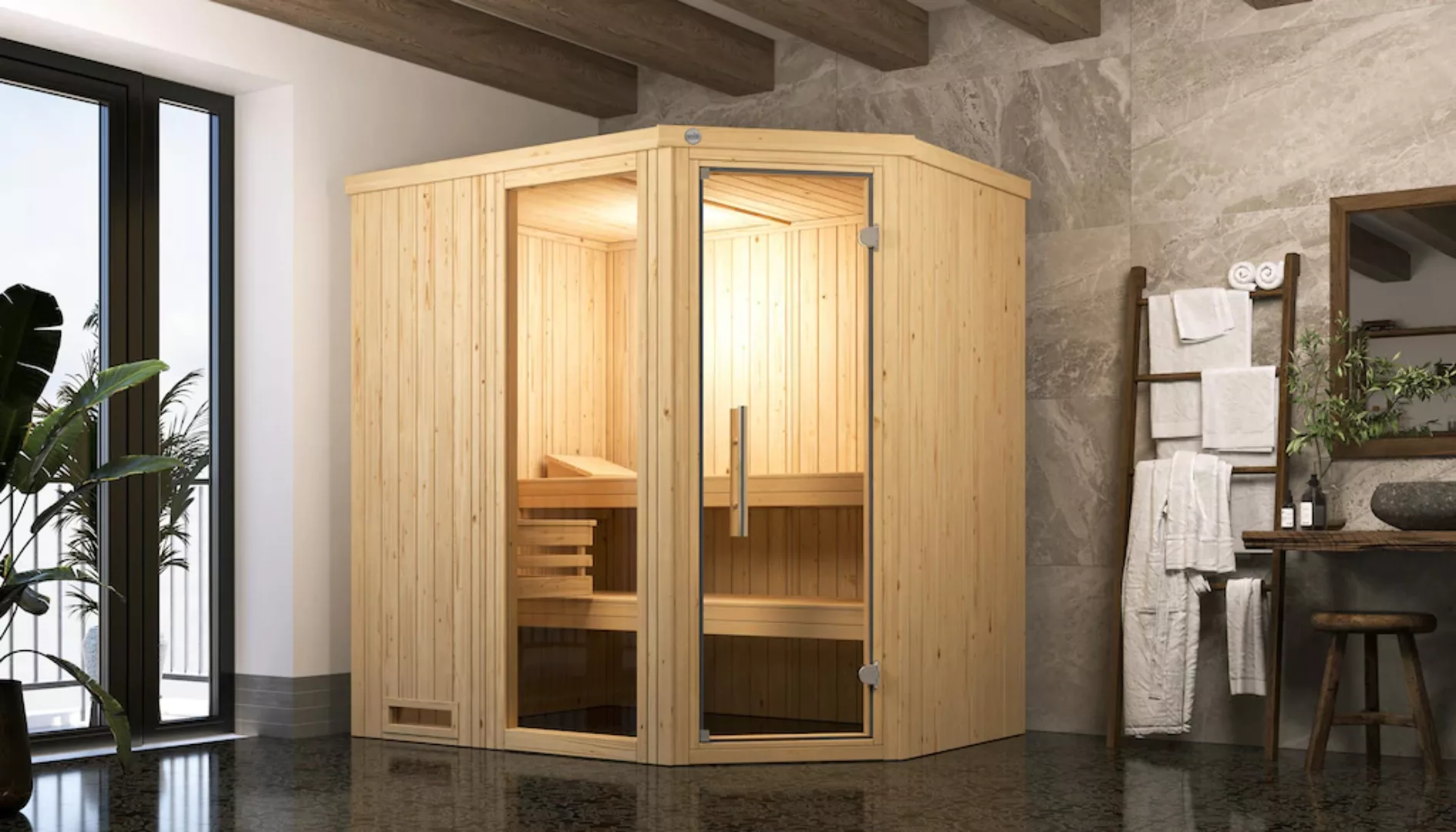 Weka Elementsauna Varberg 1 Sparset 5,4 kW Kompakt Glastür/Fenster günstig online kaufen