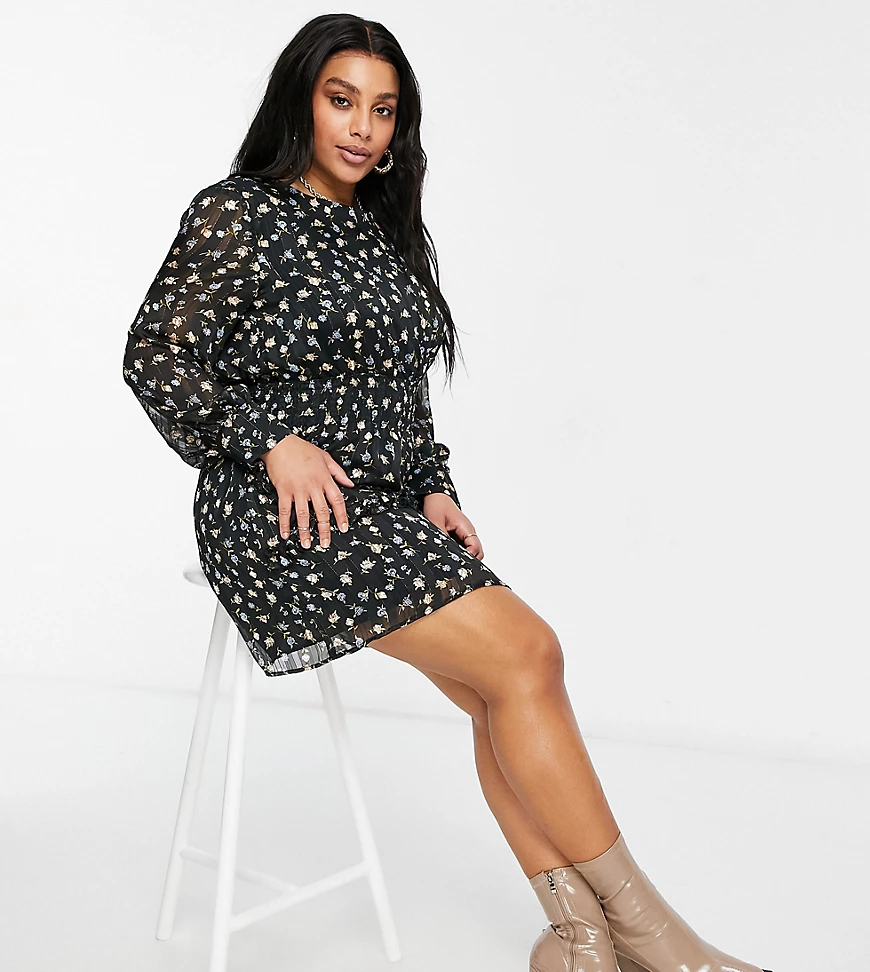 Missguided Plus – Minikleid mit geraffter Taille in Schwarz geblümt günstig online kaufen