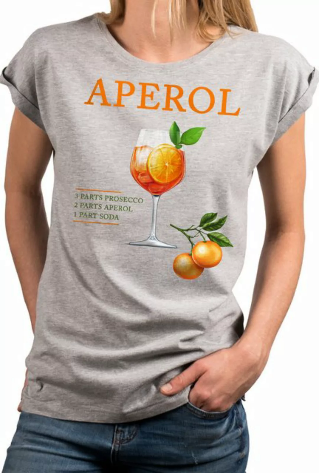 MAKAYA Print-Shirt Damen mit Orangen Motiv Aperol Spritz Glas Party Outfit günstig online kaufen