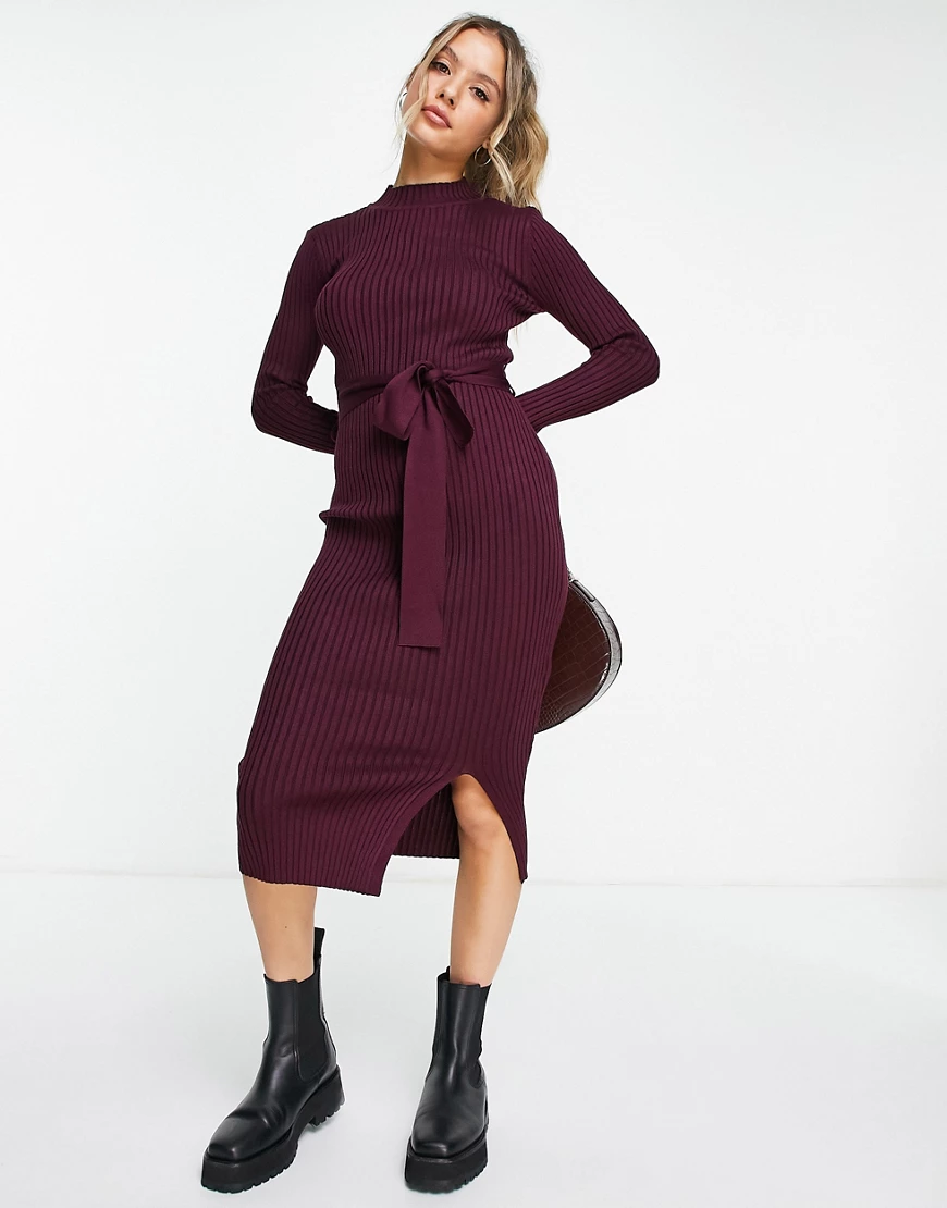 New Look – Strickkleid in Burgunderrot mit Taillenschnürung günstig online kaufen