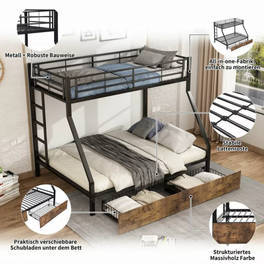 OKWISH Etagenbett Metallbett mit ausziehbarem Bett 90(140)x200cm (mit 2 Sch günstig online kaufen