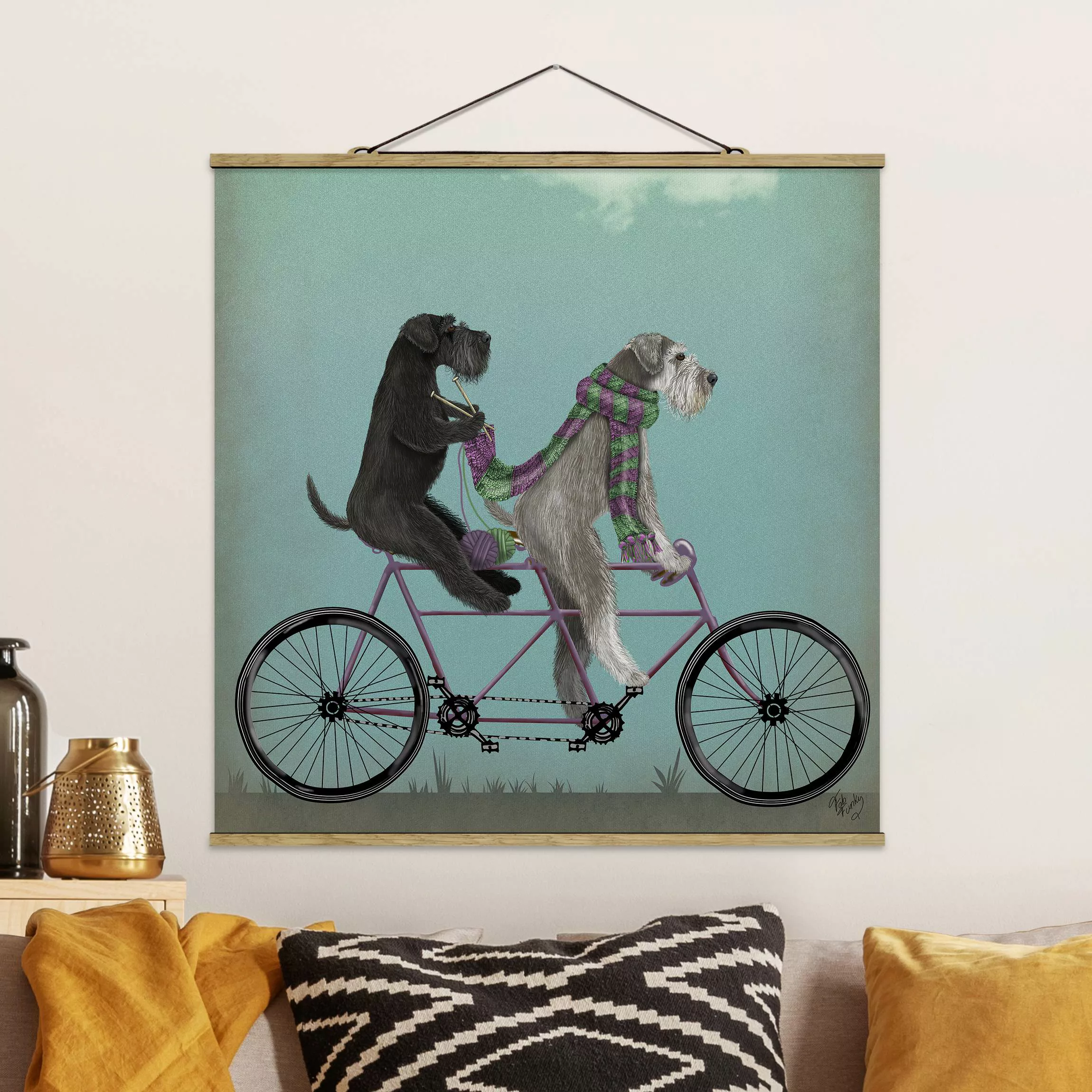Stoffbild Tiere mit Posterleisten - Quadrat Radtour - Schnauzer Tandem günstig online kaufen