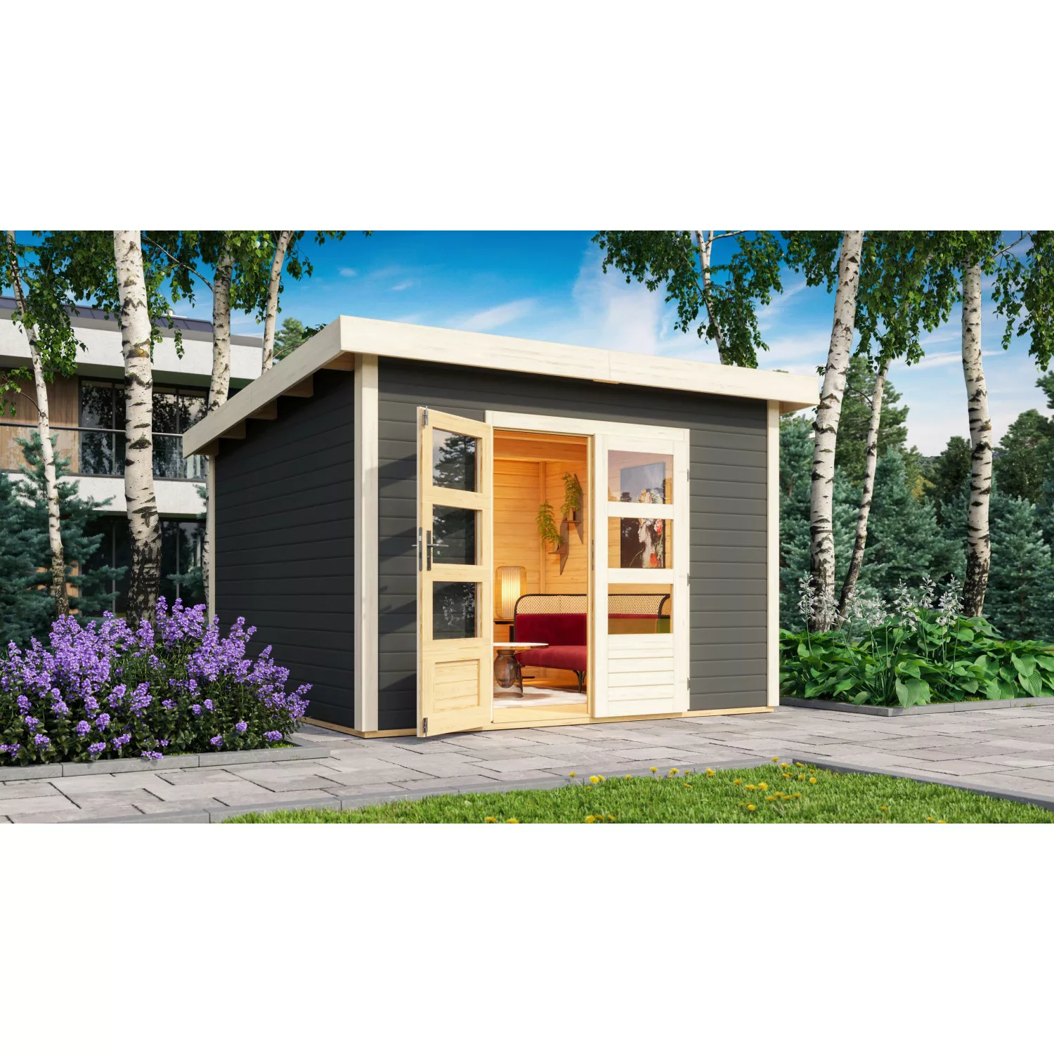 Karibu Holz-Gartenhaus Karlskoga 3 Terragrau Pultdach Lackiert 305 cm x 305 günstig online kaufen