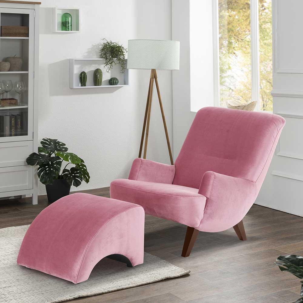 Design Wohnzimmer Sessel in Rosa und Nussbaumfarben Samtvelours günstig online kaufen