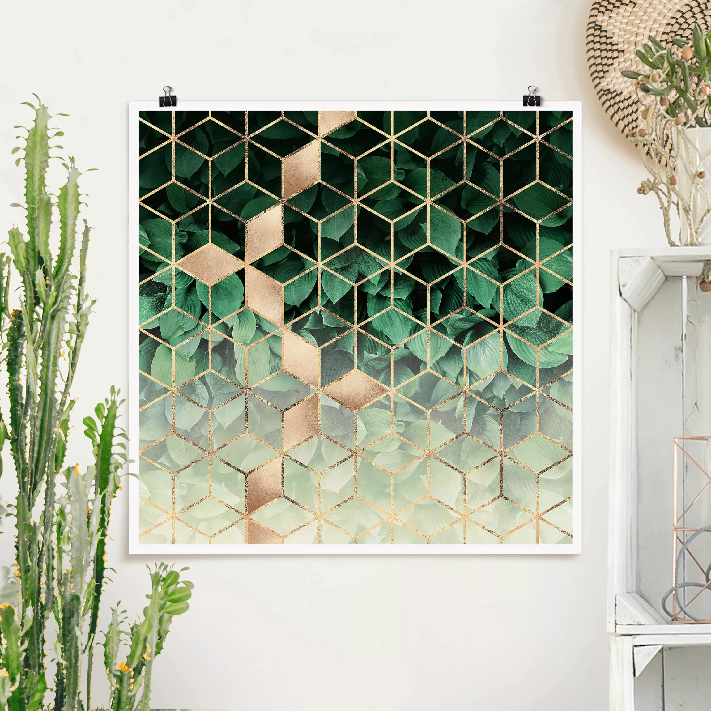 Poster Abstrakt - Quadrat Grüne Blätter goldene Geometrie günstig online kaufen
