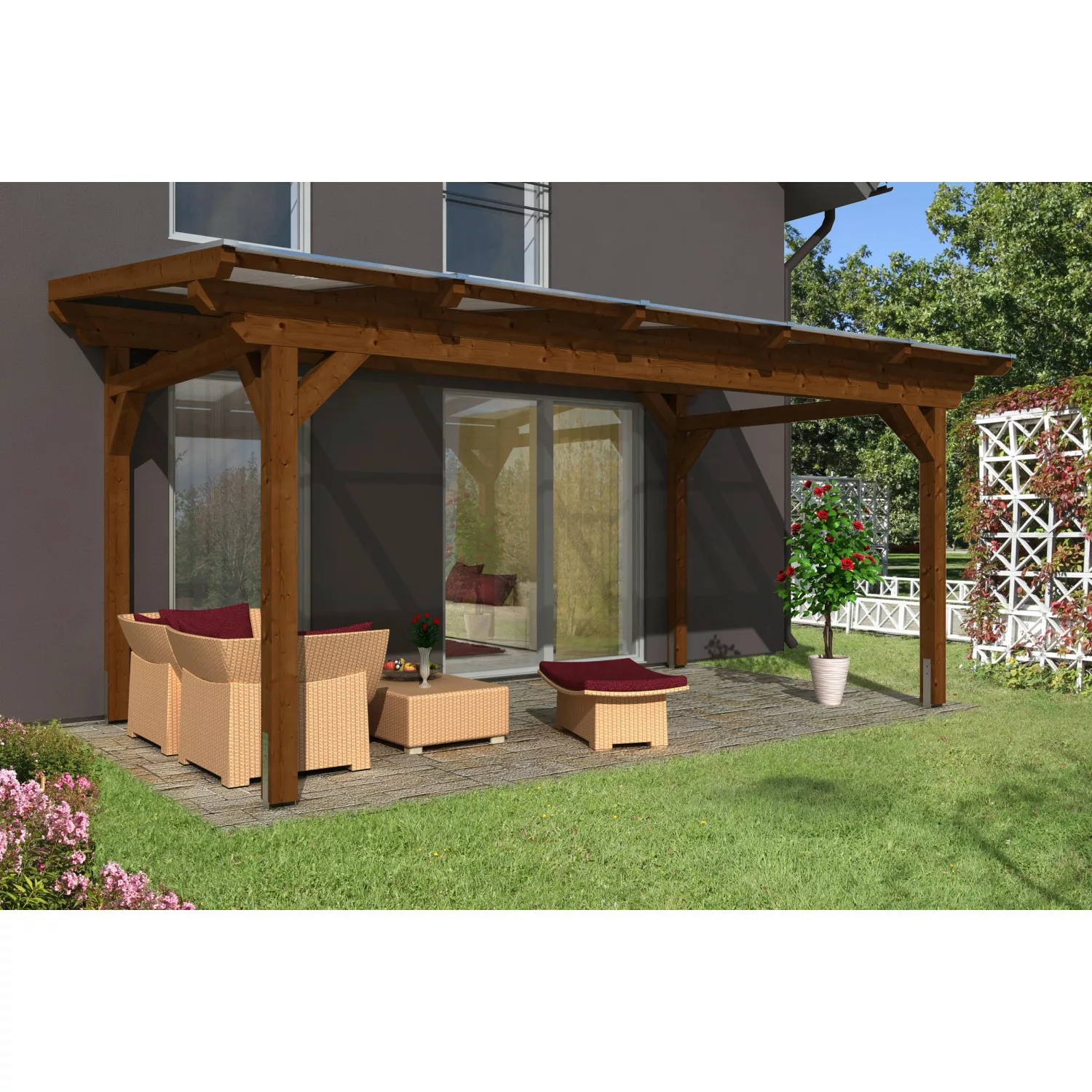 Skan Holz Terrassenüberdachung Sanremo 541 x 250 cm Leimholz Nussbaum günstig online kaufen