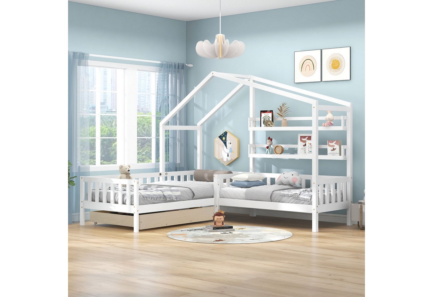 SeedWave Hausbett Kinderbett mit Schubladen und Regalen,Zwei Betten(200x90c günstig online kaufen