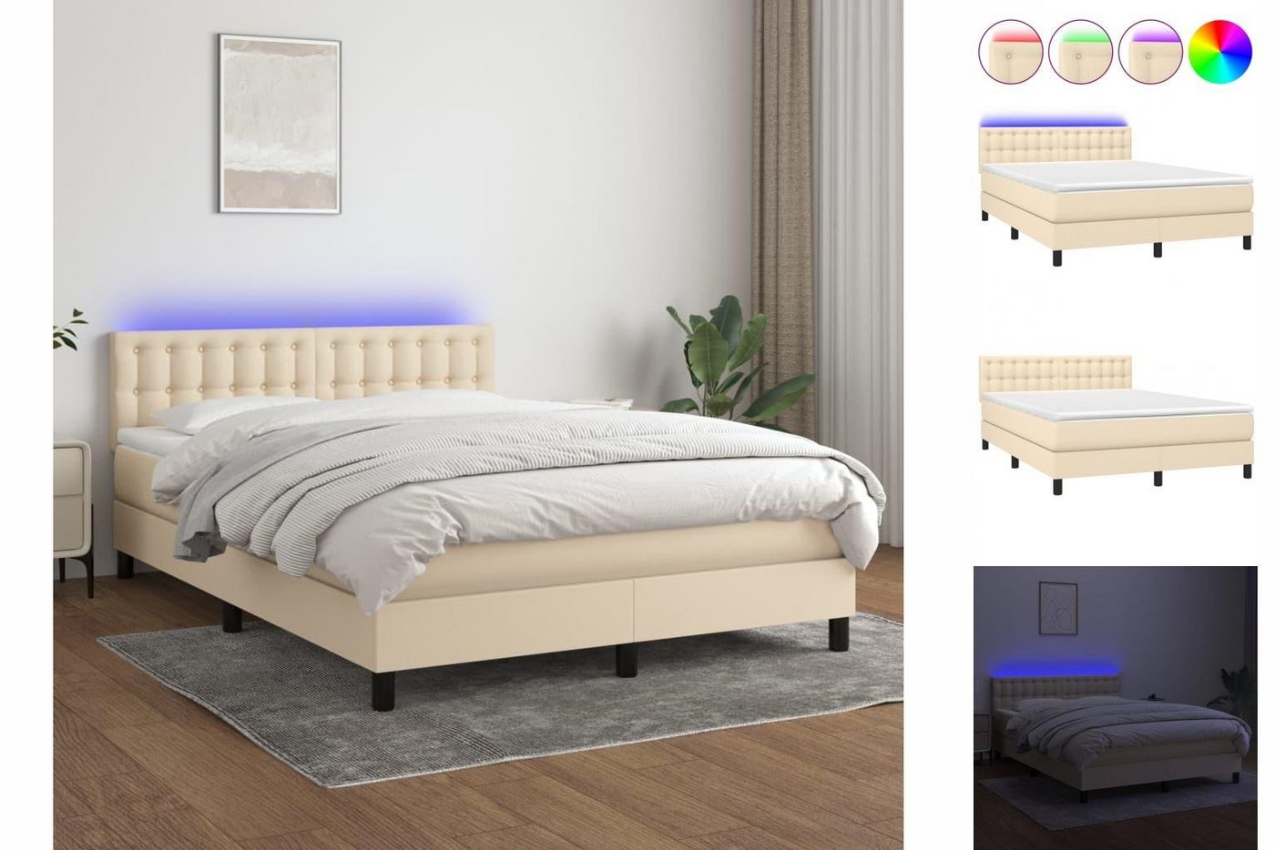 vidaXL Bettgestell Boxspringbett mit Matratze LED Creme 140x200 cm Stoff Be günstig online kaufen