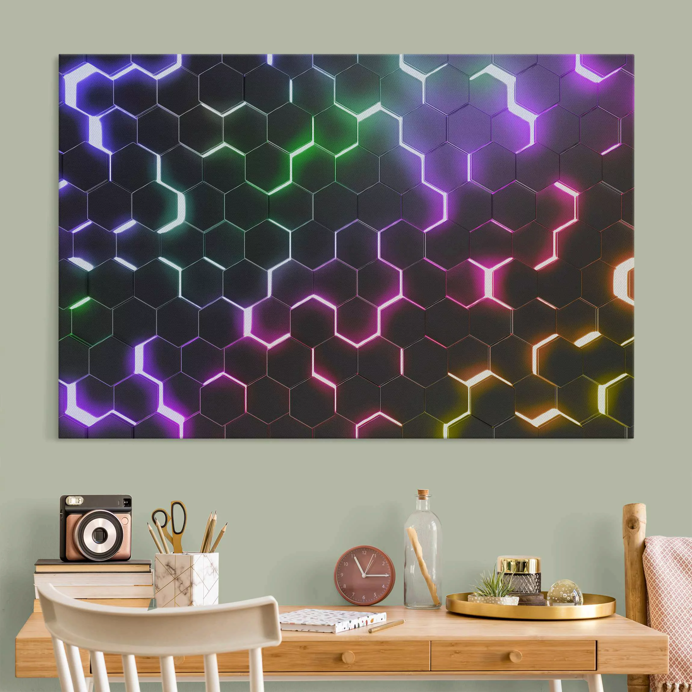 Akustikbild Strukturierte Hexagone mit Neonlicht günstig online kaufen