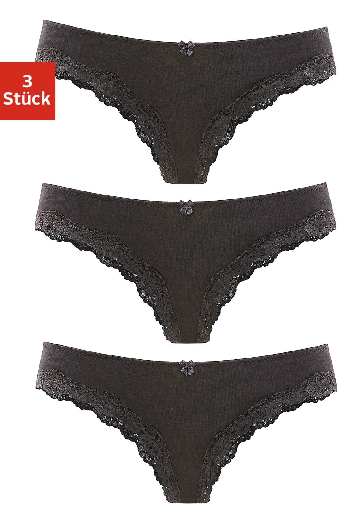 LASCANA Brasilslip, (3er-Pack), aus elastischer Baumwolle mit zarter Spitze günstig online kaufen