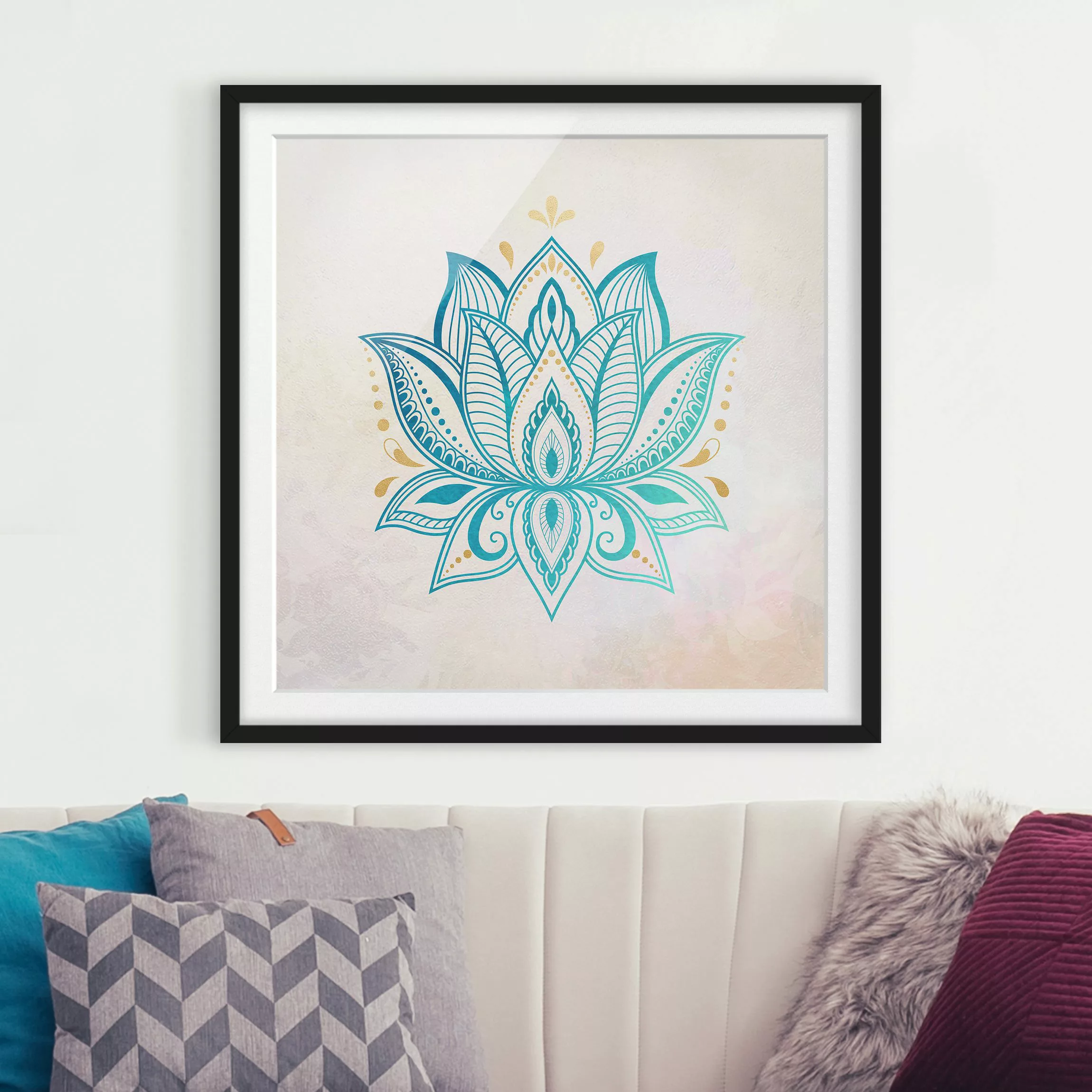 Bild mit Rahmen - Quadrat Lotus Illustration Mandala gold blau günstig online kaufen