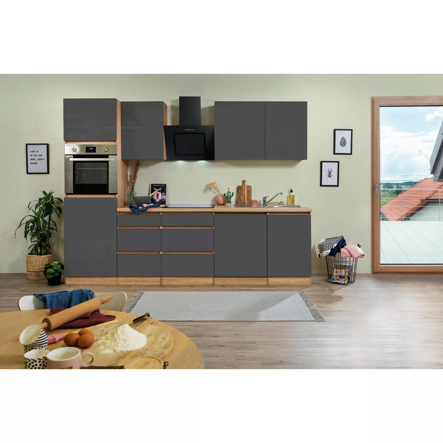 Respekta Küchenzeile GLRP280HESG Grifflos 280 cm Grau Hochglanz-Sonoma Eich günstig online kaufen