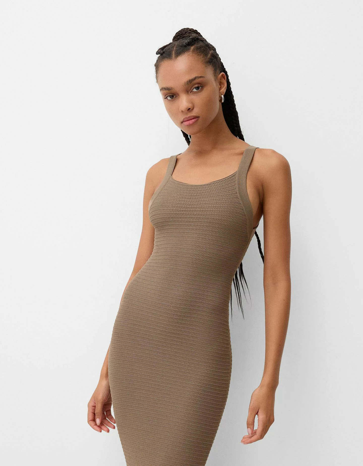 Bershka Midikleid Mit Trägern Und Lochmuster Damen L Braun günstig online kaufen