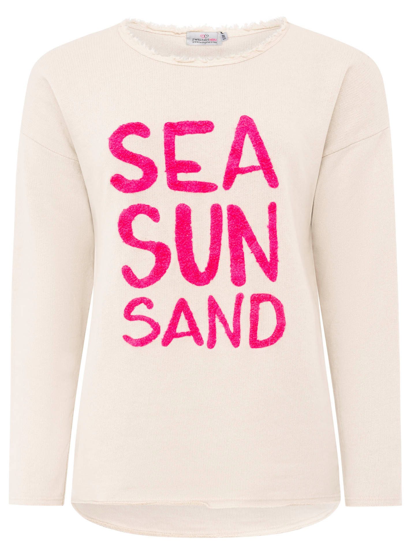 Zwillingsherz Sweater ""Sea Sand Sun"", Flock-Print, ausgefranster Rundhals günstig online kaufen