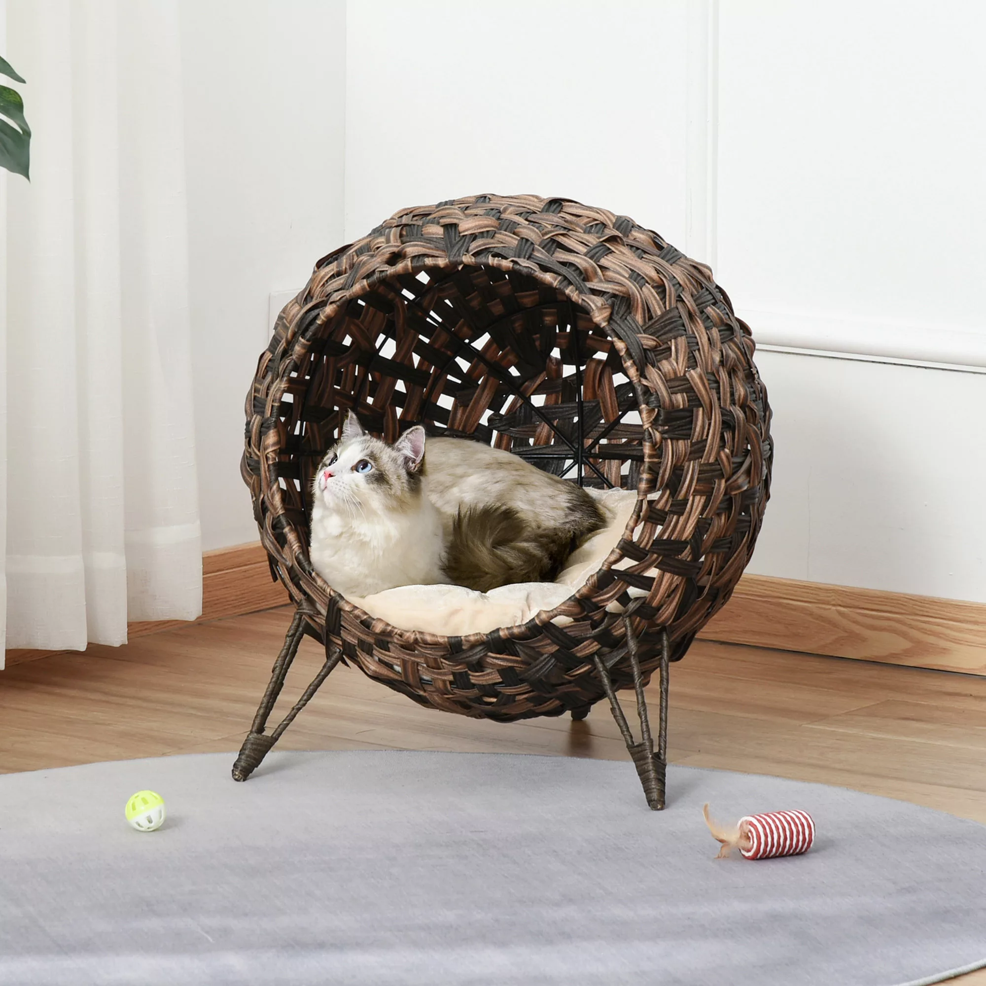 PawHut Rattan Katzenbett Kissen erhöhte Füße Katzenschlafplatz Braun Ø52x58 günstig online kaufen