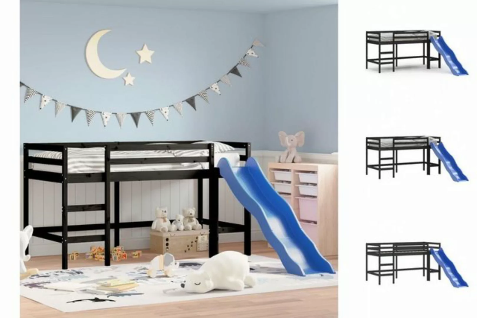vidaXL Kinderbett Kinderhochbett mit Rutsche Schwarz 90x200 cm Massivholz K günstig online kaufen