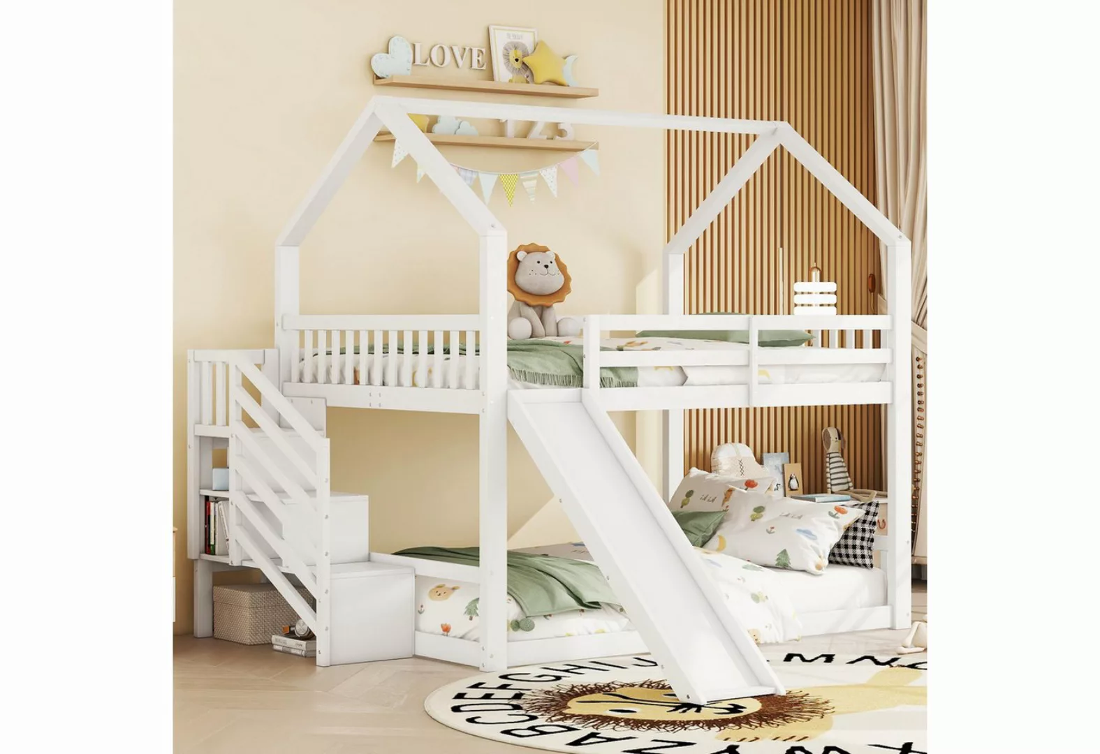 Flieks Etagenbett, Kinderbett mit Treppe & Rutsche & oberem Lattenrost 140x günstig online kaufen