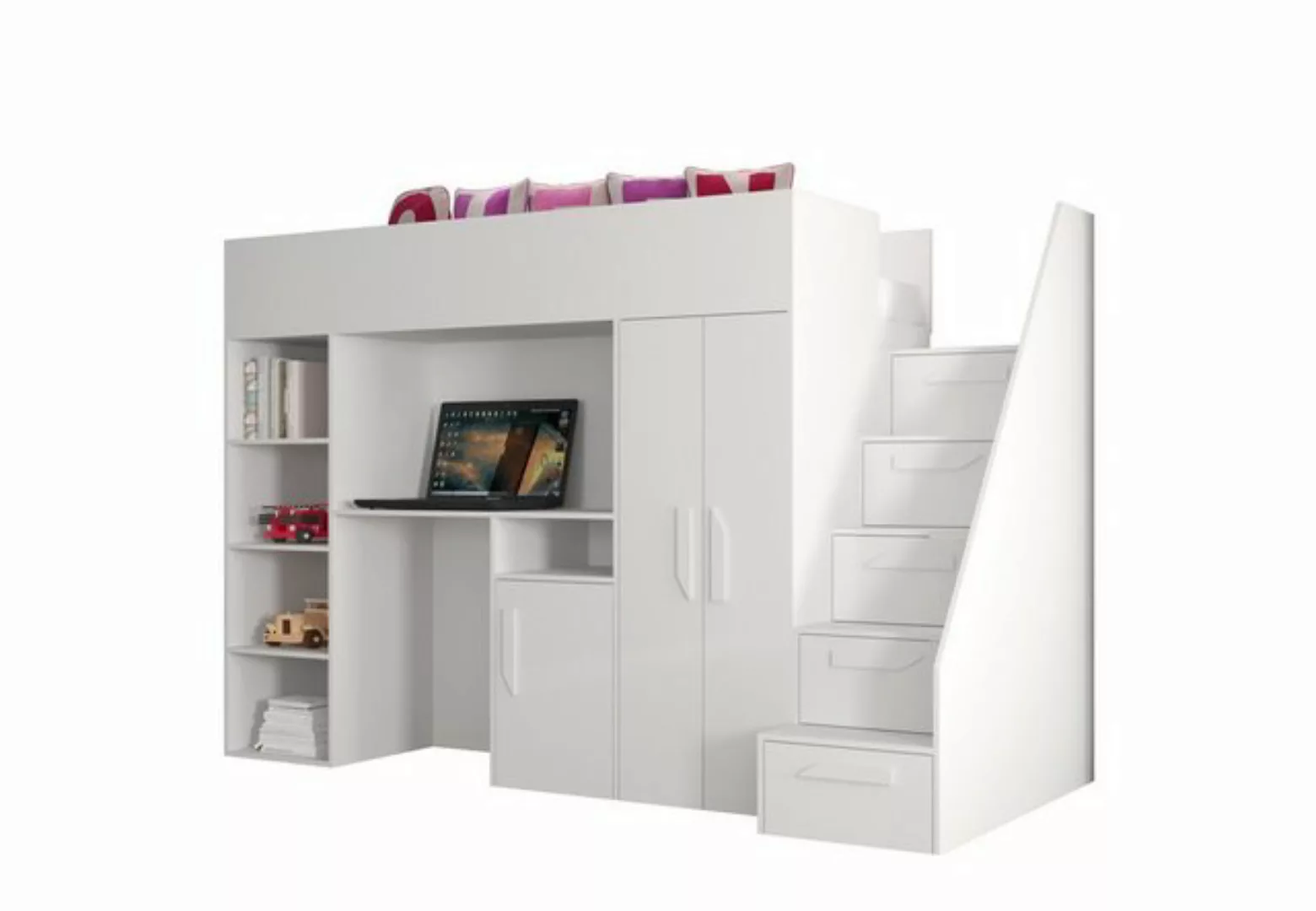 QMM TraumMöbel Hochbett PARIS 4 mit Schreibtisch Schrank Regal und Treppe H günstig online kaufen