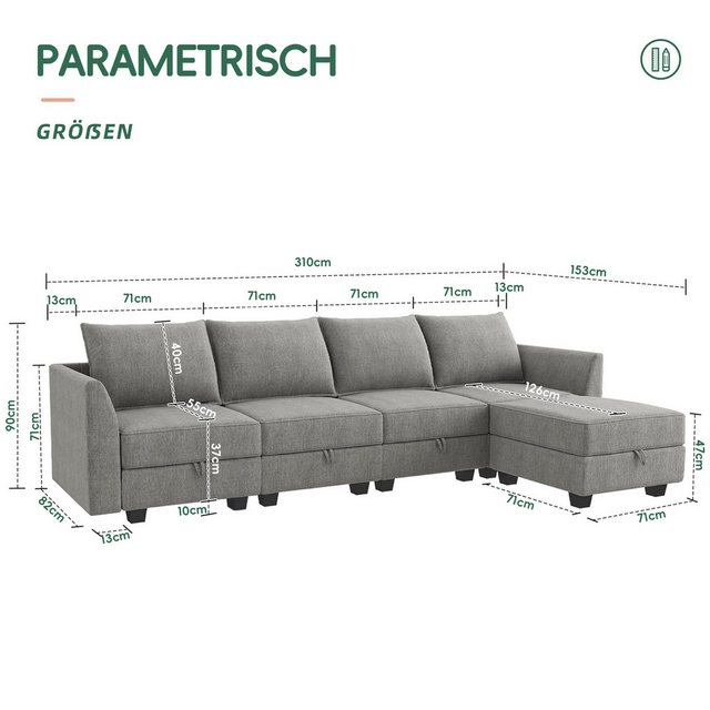 Sinaopus Ecksofa Ecksofa 310cm*153cm, Sofa mit Stauraum, Schlafsofa, und L- günstig online kaufen