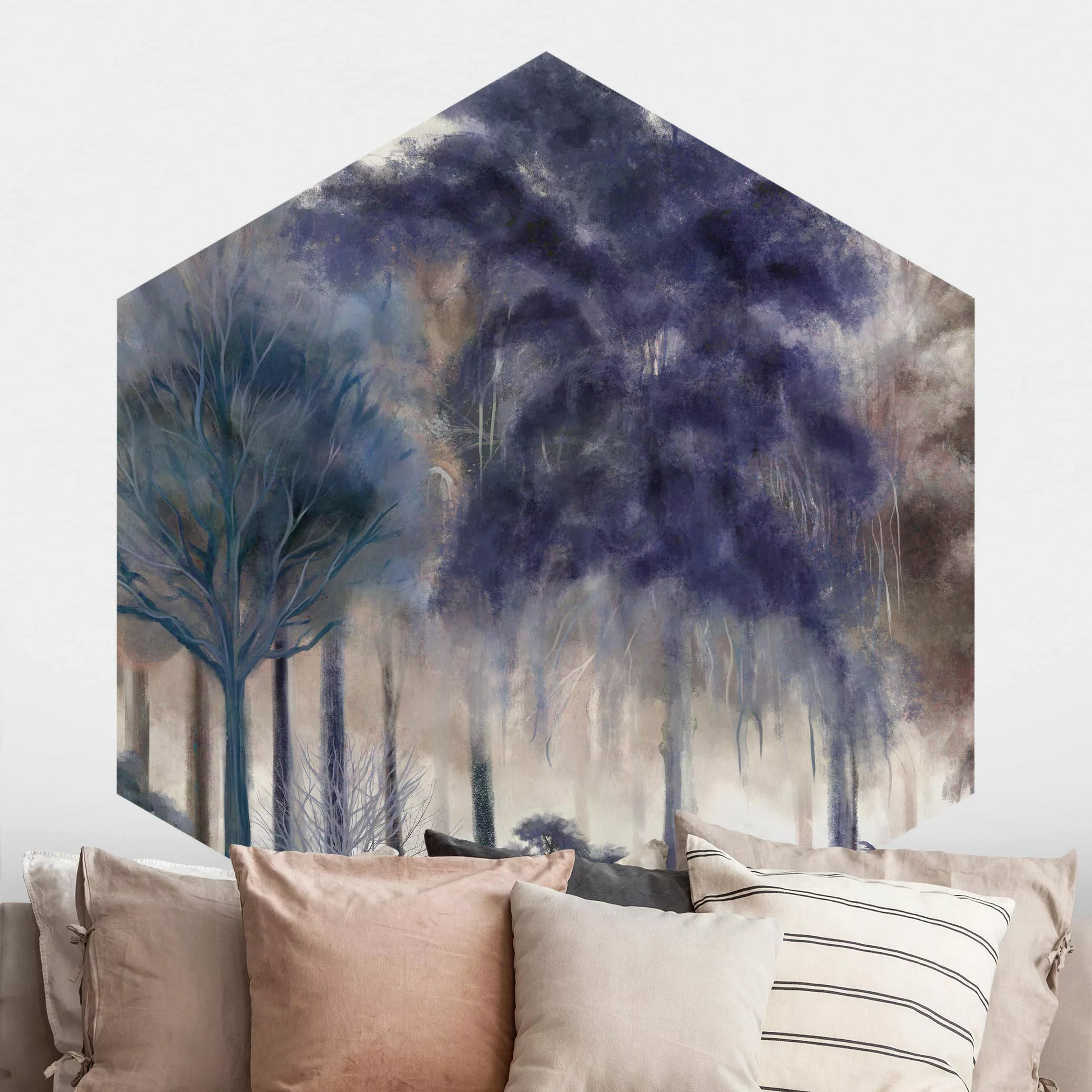 Hexagon Tapete selbstklebend Blaue Wald Malerei günstig online kaufen