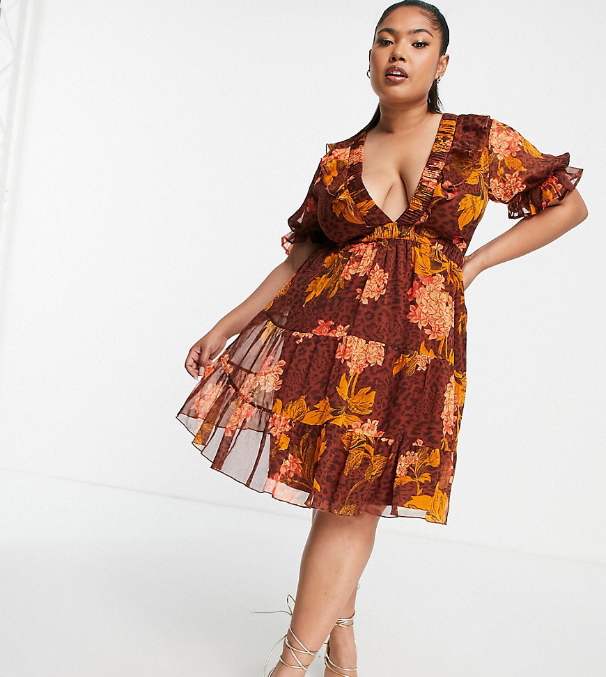 ASOS DESIGN Curve – Minikleid mit Animal- und Blumenmustermix und Schnürdet günstig online kaufen