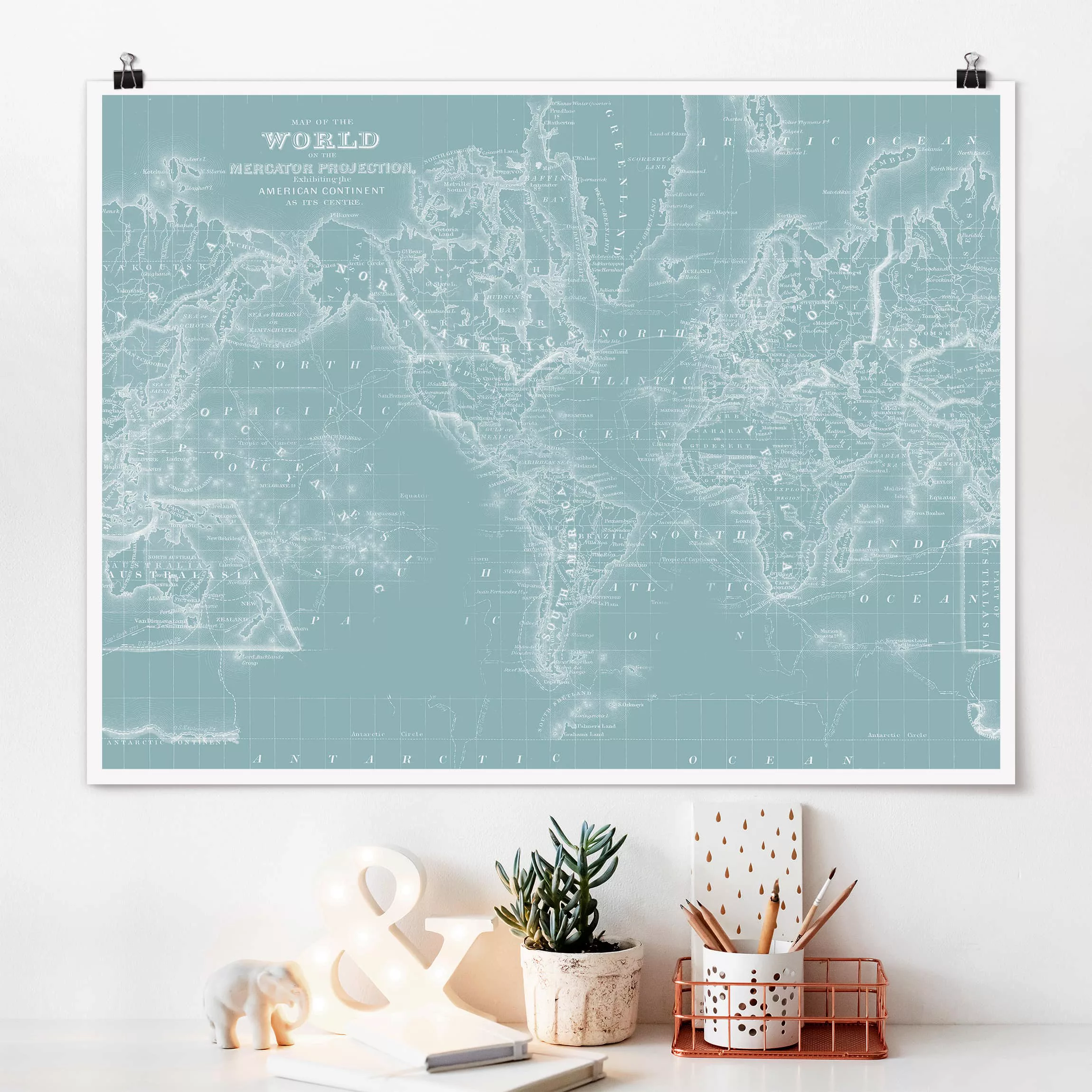 Poster Stadt-, Land- & Weltkarten - Querformat Weltkarte in Eisblau günstig online kaufen