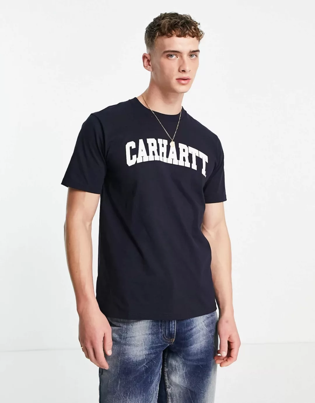 Carhartt WIP – University – T-Shirt in Marineblau mit Schriftzug günstig online kaufen