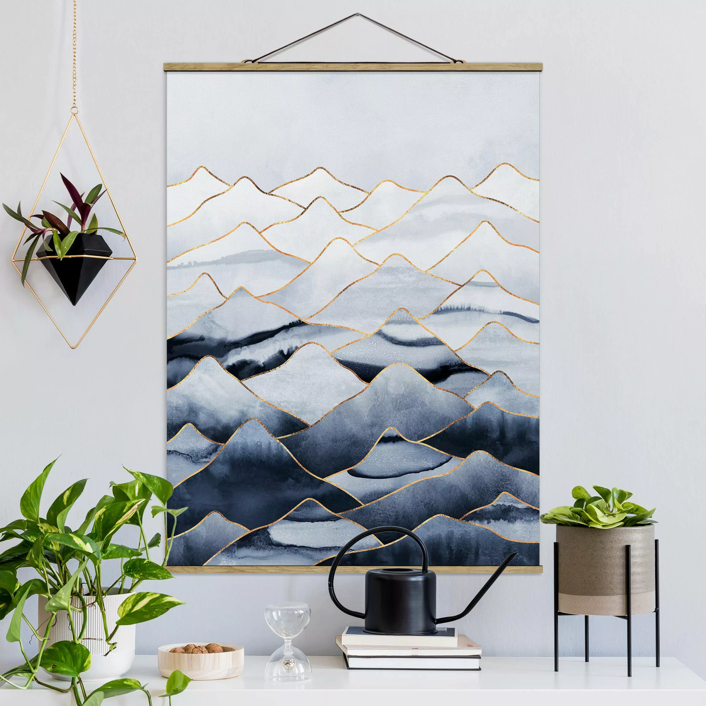 Stoffbild Abstrakt mit Posterleisten - Hochformat Aquarell Berge Weiß Gold günstig online kaufen