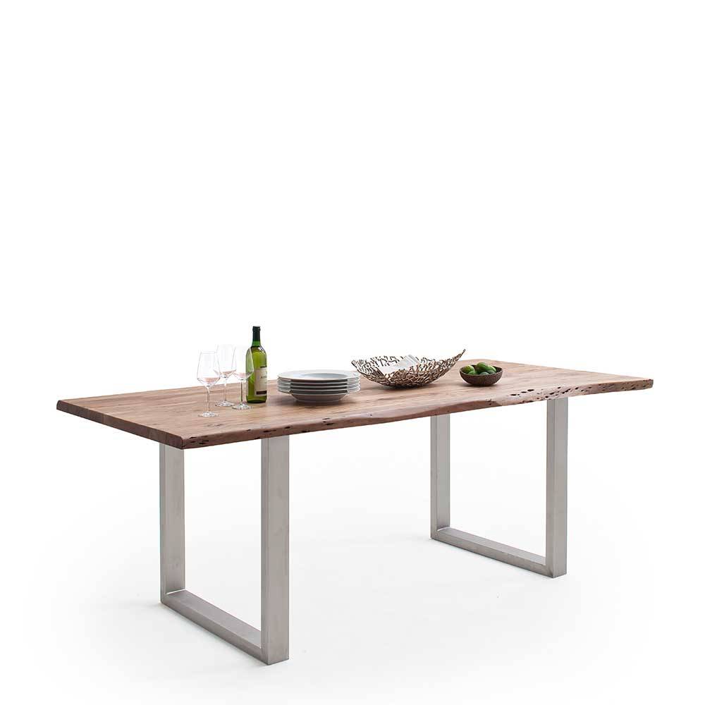 Esstisch Holztisch mit Baumkante und Bügelgestell günstig online kaufen