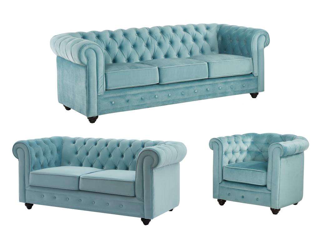Sofa 3-Sitzer & 2-Sitzer & Sessel - Samt - Pastellblau - CHESTERFIELD günstig online kaufen