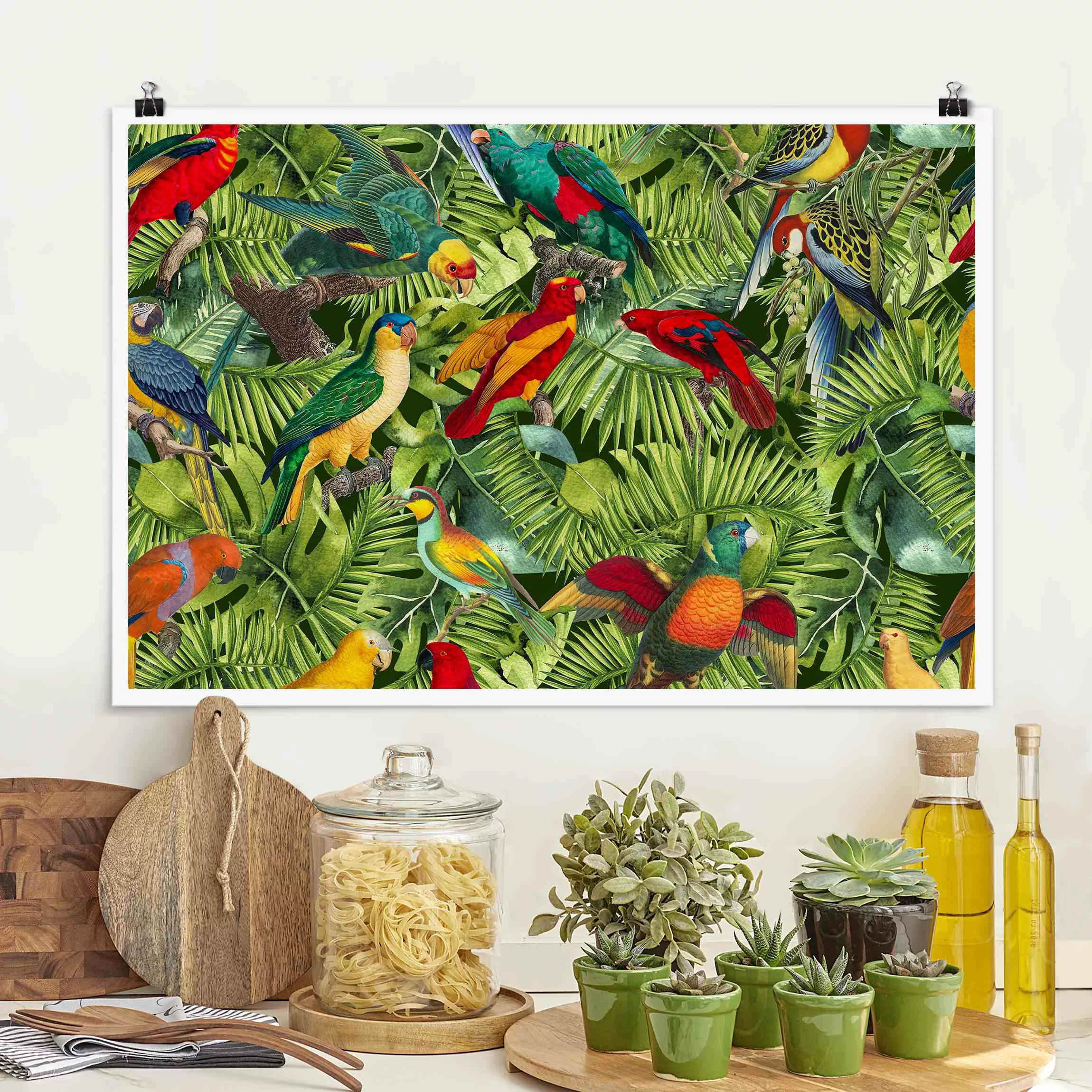 Poster Bunte Collage - Papageien im Dschungel günstig online kaufen