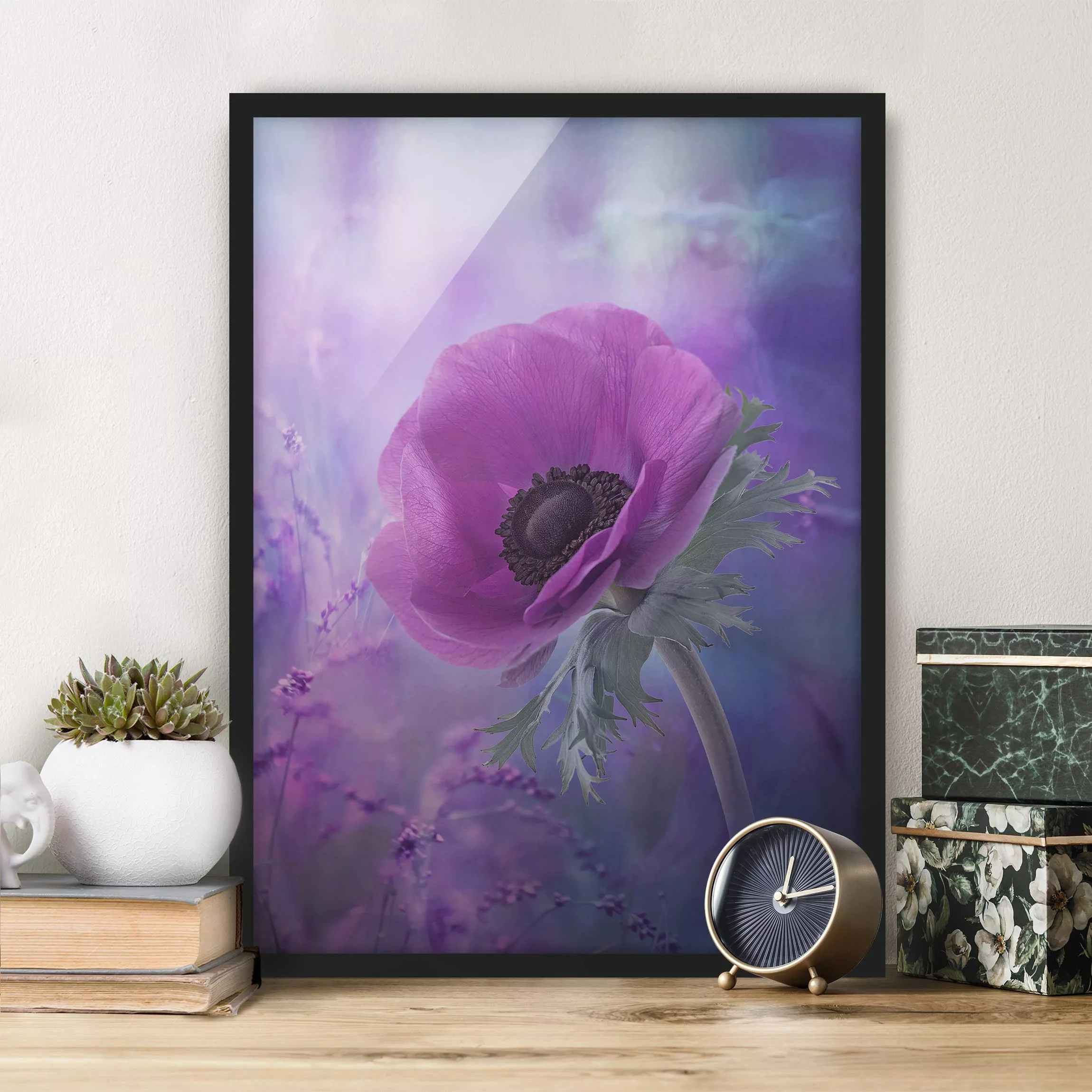 Bild mit Rahmen Blumen - Hochformat Anemonenblüte in Violett günstig online kaufen