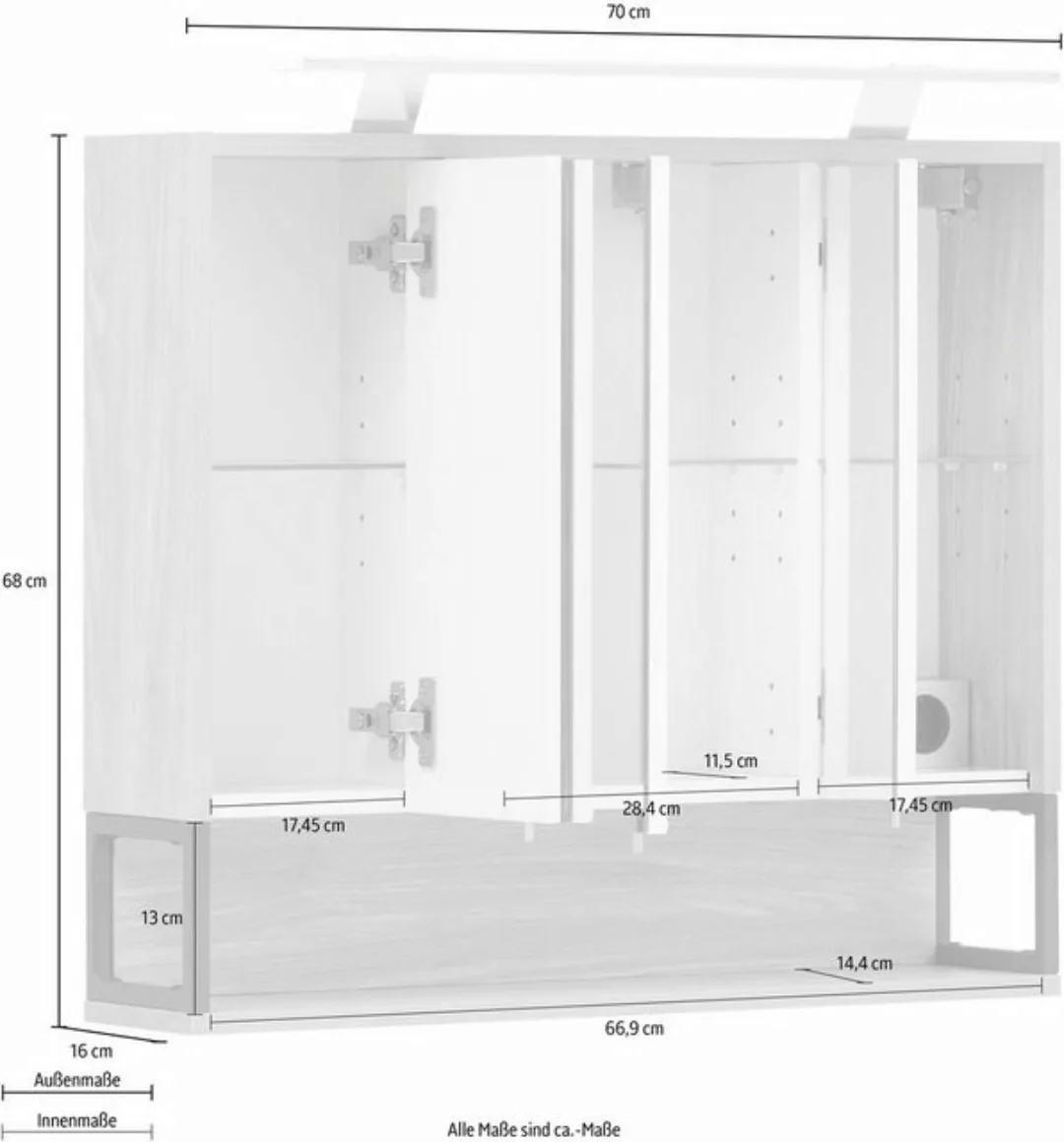 Schildmeyer Spiegelschrank Limone Breite 70 cm, 3-türig, LED-Beleuchtung, S günstig online kaufen