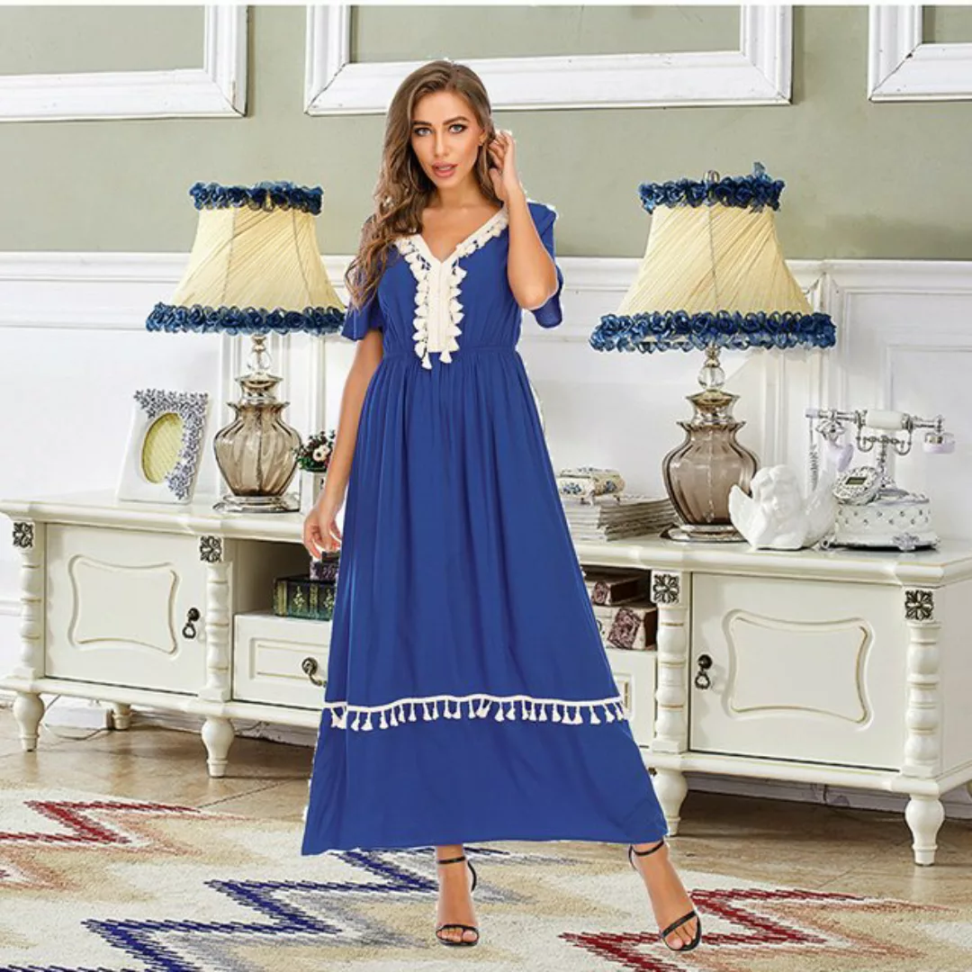 RUZU UG Dirndl Damen-Kleid mit V-Ausschnitt und kurzen Ärmeln, lockerer lan günstig online kaufen