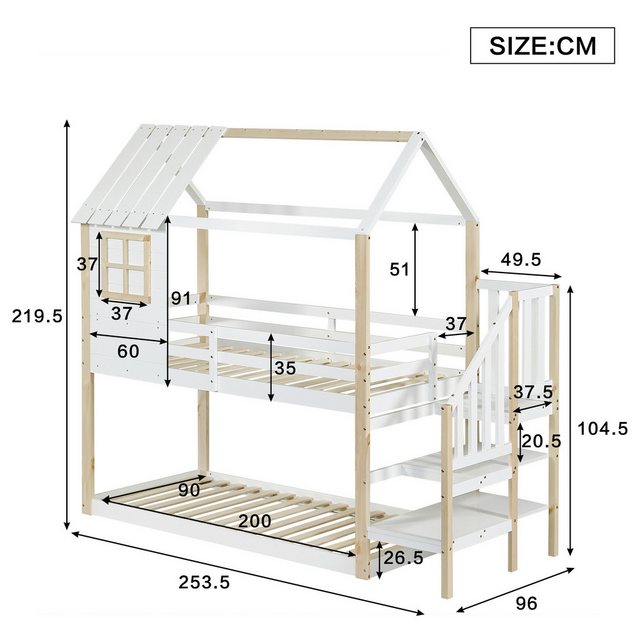 TavilaEcon Etagenbett Hausbett, Kinderbett mit Ecktreppe und Fenster, 90x20 günstig online kaufen