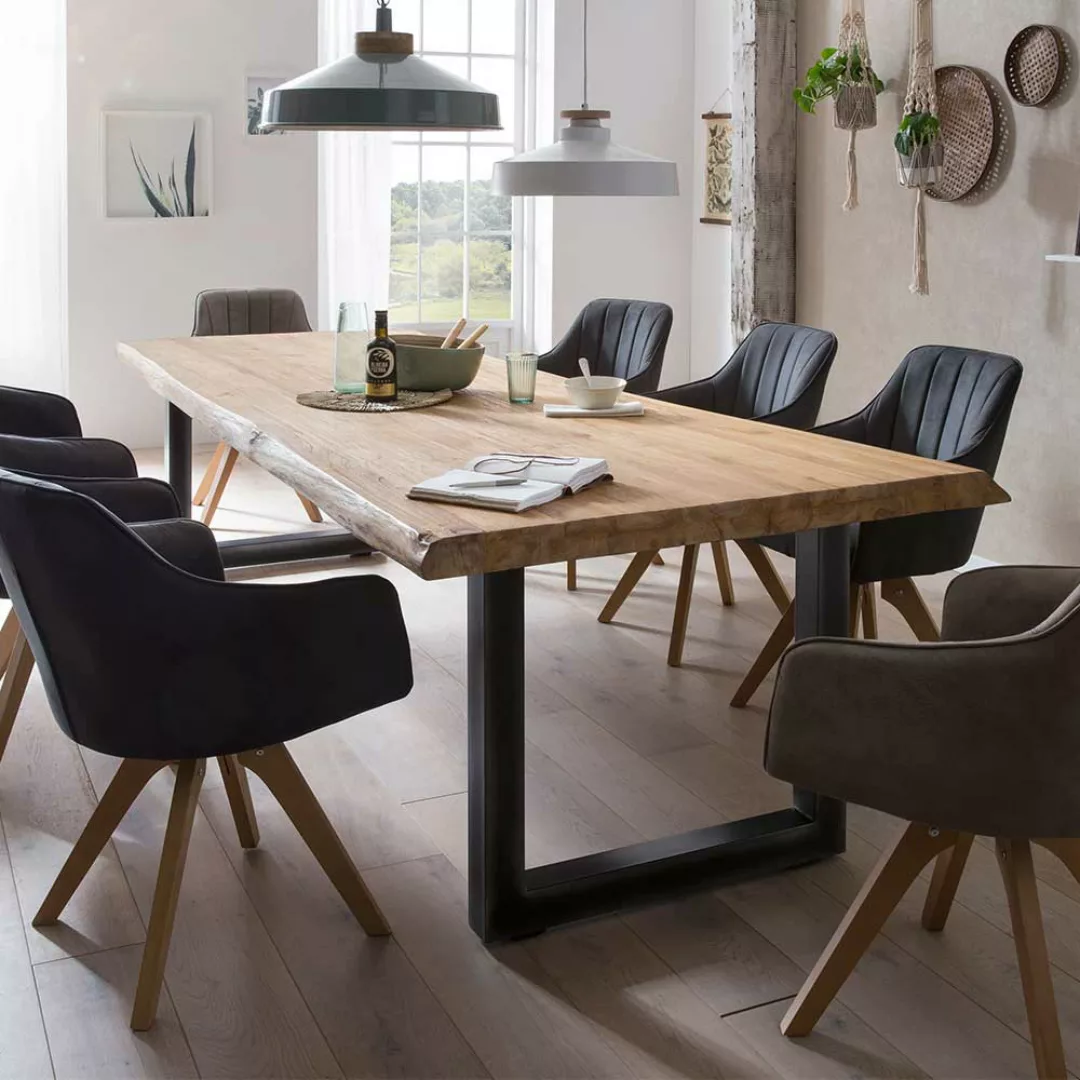Baumkantentisch aus Teak Massivholz unbehandelt und Metall unikat günstig online kaufen