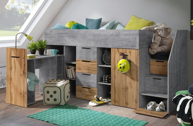 Unique Home Hochbett Kinderbett KON3-P, Hochbett mit Schreibtisch, Schrank günstig online kaufen