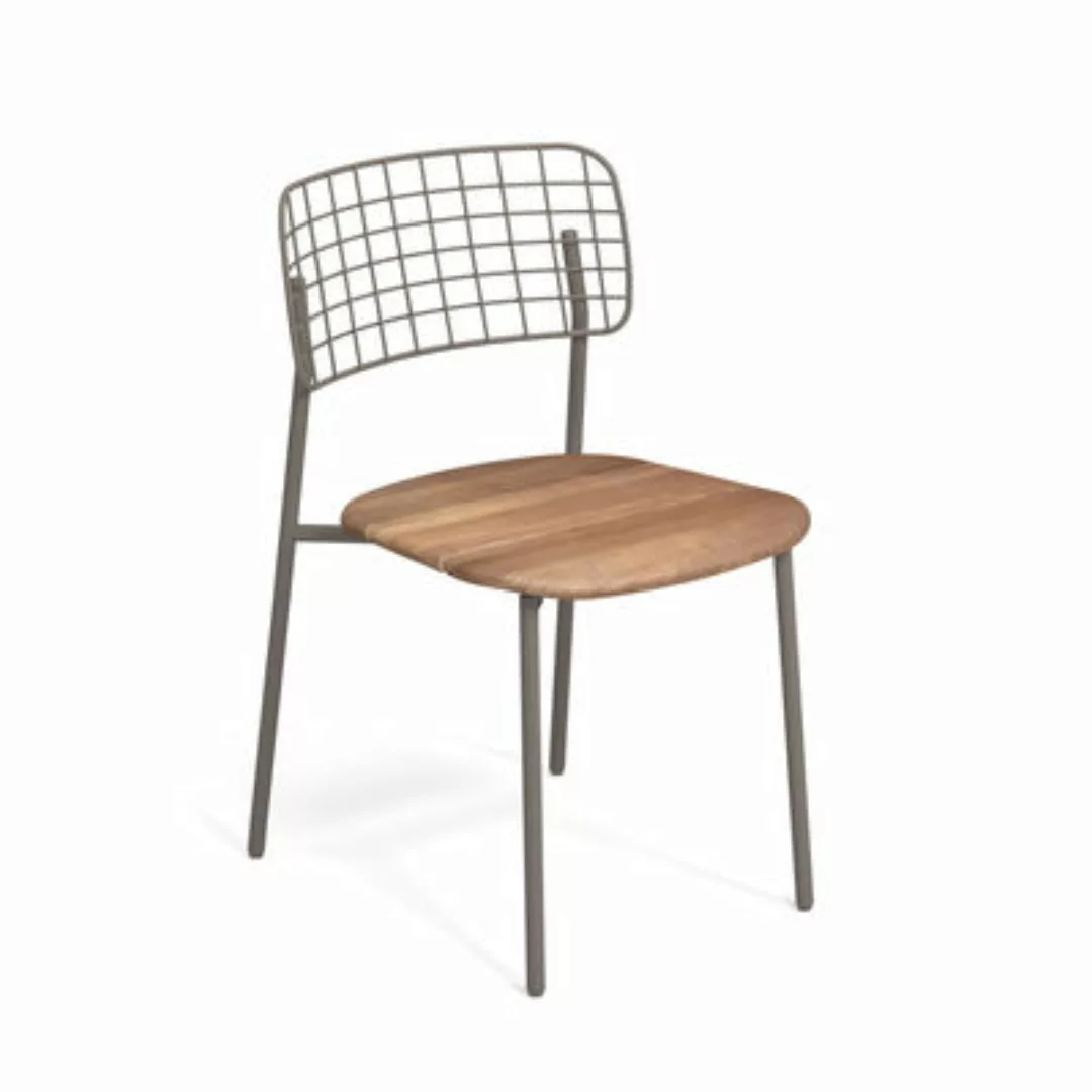 Stapelbarer Stuhl Lyze metall beige holz natur / Sitzfläche Teakholz - Emu günstig online kaufen