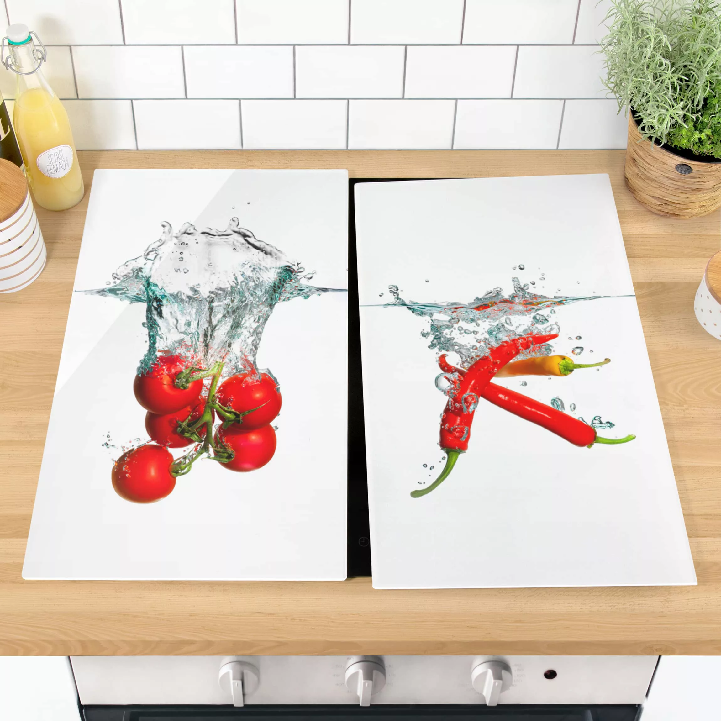2-teilige Herdabdeckplatte Glas Kulinarisch Tomaten und Chilischoten im Was günstig online kaufen