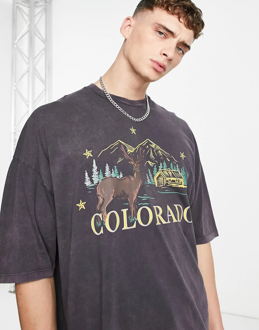 ASOS DESIGN – Oversize T-Shirt in Grau mit Acid-Waschung und „Colorado“-Pri günstig online kaufen