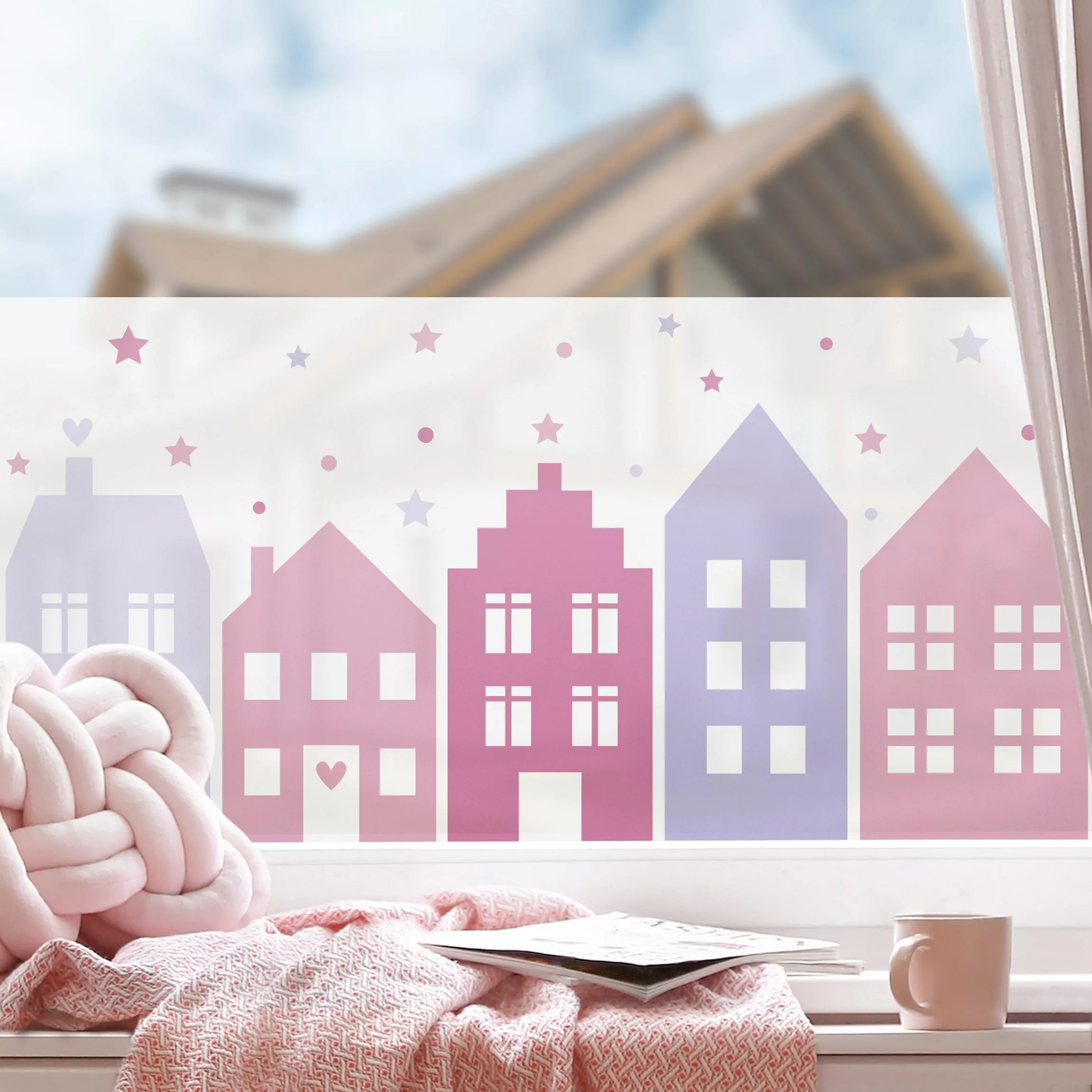 Fensterfolie Häuser und Sterne Pink Violett günstig online kaufen