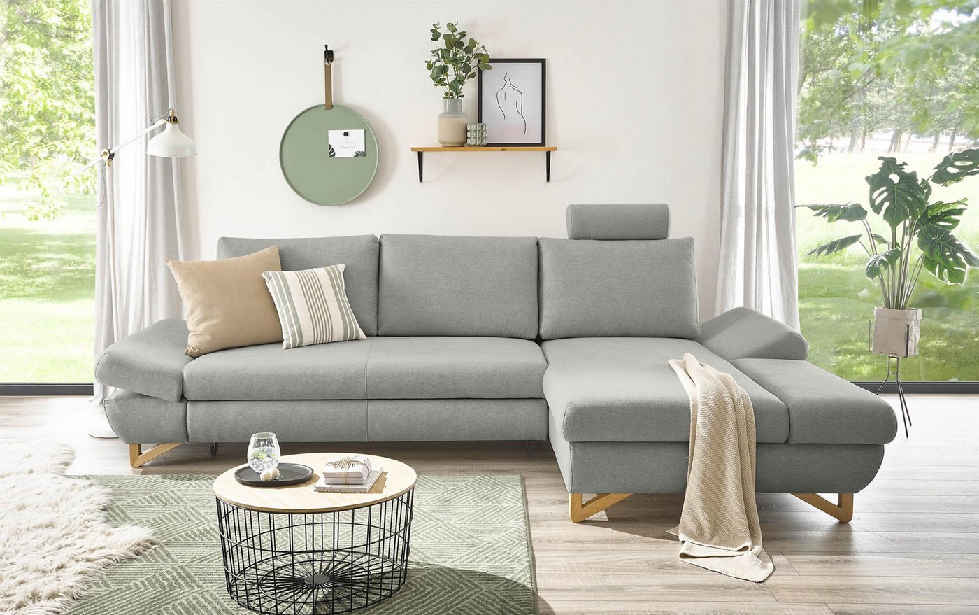 Design-Wohngalerie Sofa Ecksofa Halsta - Velourstoff Hellgrau, Recamiere re günstig online kaufen