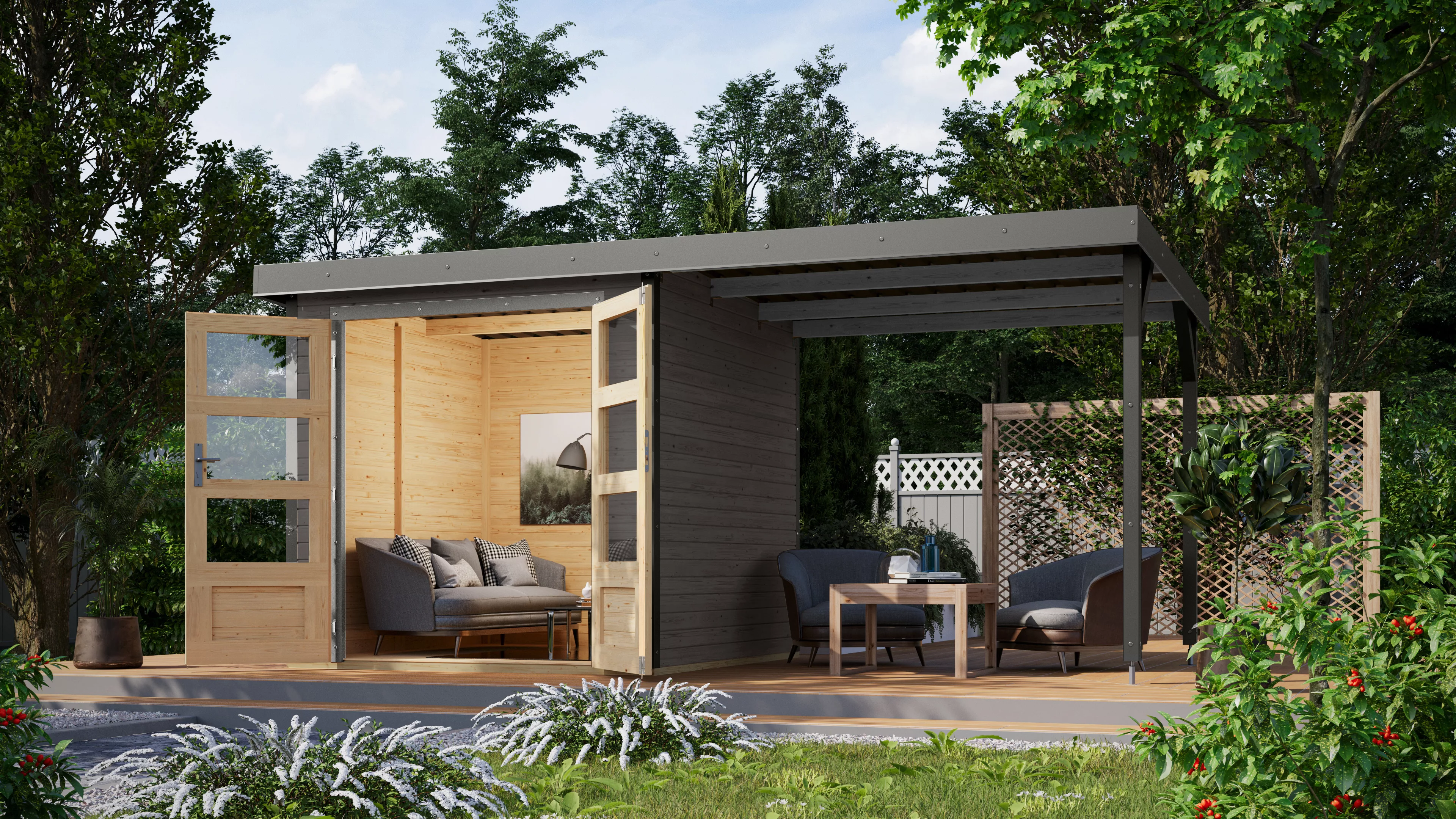 Karibu Gartenhaus ""Jupiter 2 D" SET wassergrau-graualuminium mit Anbaudach günstig online kaufen