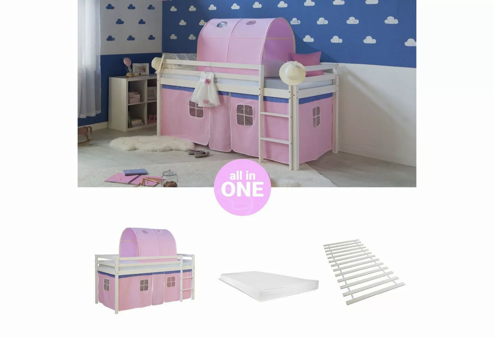 Homestyle4u Hochbett Kinderbett mit Leiter und Vorhang Weiß Rosa Holz Kiefe günstig online kaufen