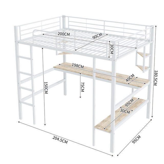 Flieks Hochbett Kinderbett Metallbett Etagenbett mit Schreibtisch und Regal günstig online kaufen